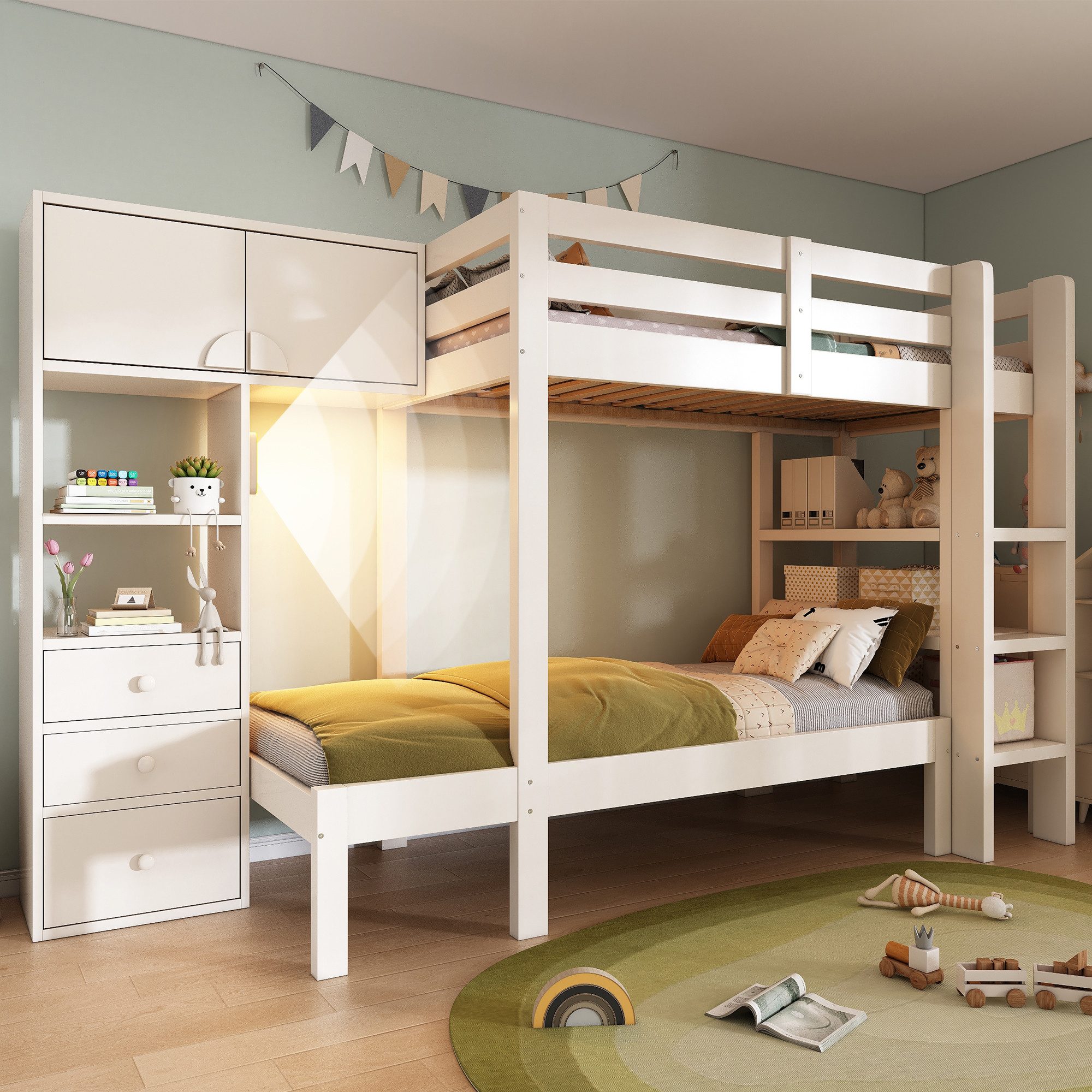 STILVORA Hochbett 90x200 mit Nachtlicht,Jugendbett Kinderbett mit Schrank®al,Weiß (Etagenbett, Doppelbett, Kinderbett, 1-St., 90x200 cm, Matratze nicht dabei) mit Schrank, Regal und Schubladen