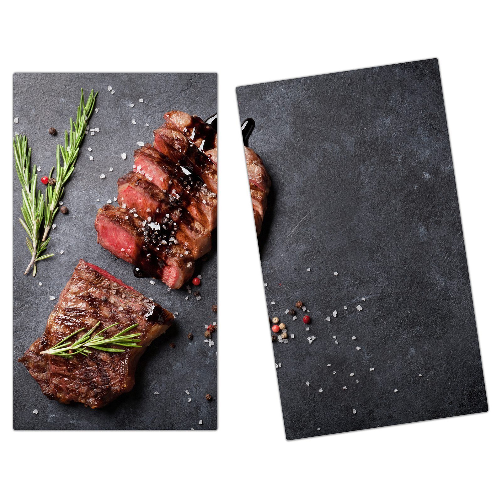 Primedeco Herd-Abdeckplatte Herdabdeckplatte Spritzschutz aus Glas Steak mit Salz und Pfeffer, Glas, (2 tlg)