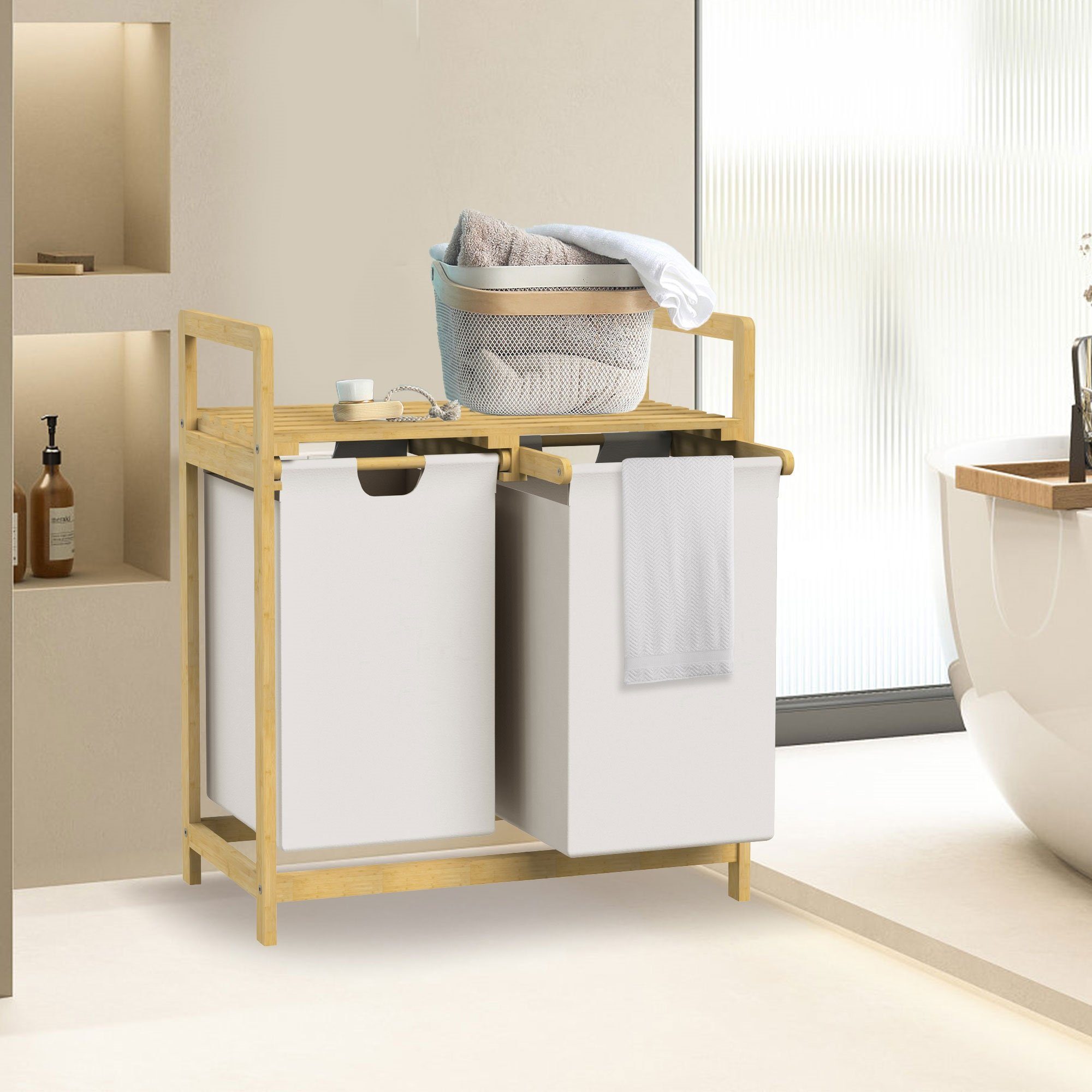ML-DESIGN Wäschekorb Wäschebox mit 2 Fächern aus Bambus und Stoff für Badezimmer, Wäschesäcken 60L mit Stabiles Holzgestell Weiß 73x63x33cm Wäschetruhe