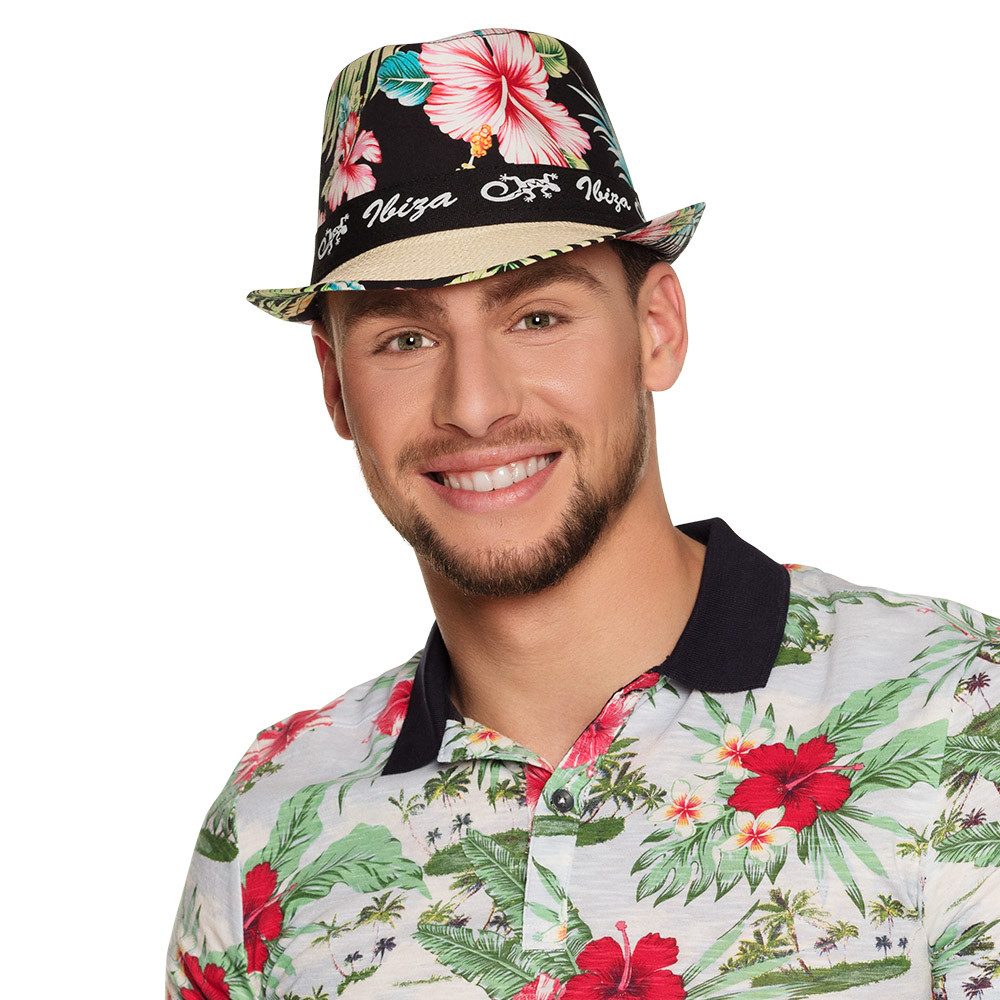 Boland Kostüm Hut Ibiza Sommer Fedora mit Blumenmuster Strandhut für Karneval Party, Kombinierbar mit Hawaii-Hemden und Strandmode
