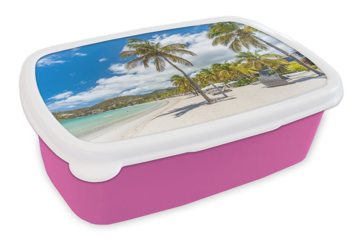MuchoWow Lunchbox Strand - Liegestuhl - Palmen, Kunststoff, (2-tlg), Brotbox für Erwachsene, Brotdose Kinder, Snackbox, Mädchen, Kunststoff rosa