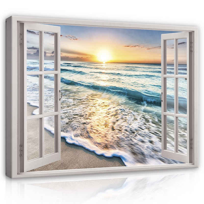Wallarena Leinwandbild Fensterblick Strand Meer Fenster Wandbild Groß XXL, Strand Meer Palmen (Einteilig, 1 St), Wandbilder Leinwandbilder Modern Bild Auf Leinwand Bilder