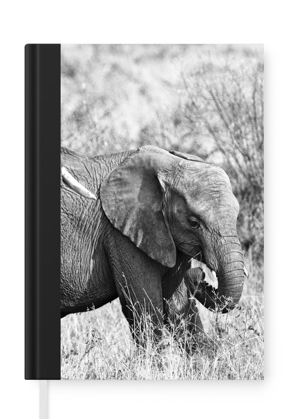 MuchoWow Notizbuch Elefant - Tiere - Gras - Schwarz und weiß, Journal, Merkzettel, Tagebuch, Notizheft, A5, 98 Seiten, Haushaltsbuch