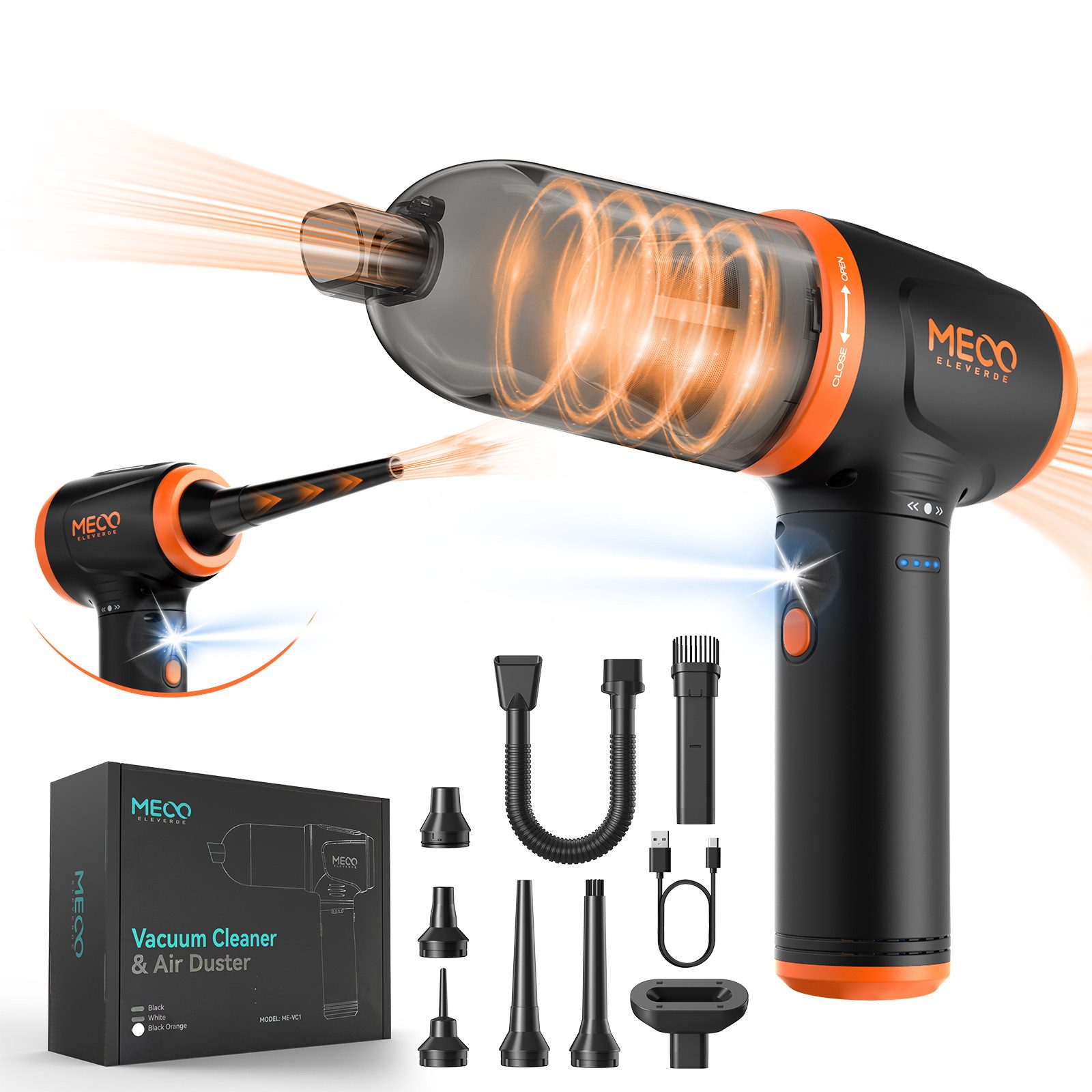 Insma Akku-Handstaubsauger 3 Gang Elektrische Staubgebläse + Staubsauger kabellos 110000 U/min, 6000mAh Akku Mit LED-Licht, Reinigungs-Set für Laptop, Sofa, Tastatur