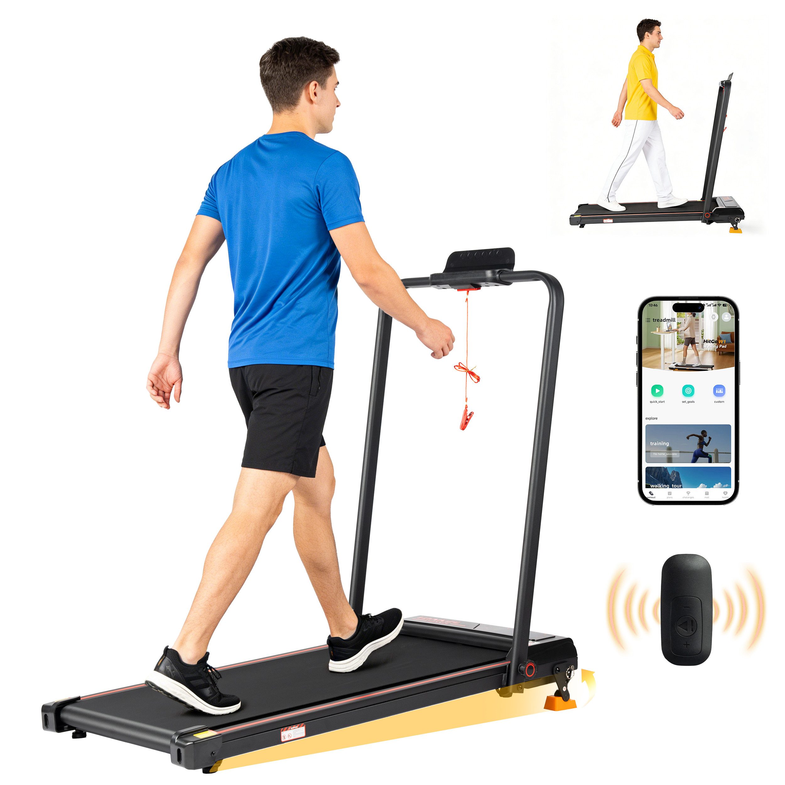 Vankel Laufband für Zuhause 2,5 PS, bis 12 km/h (Fernbedienung), Mit Handlauf, Sicherheitsclip, App und Fernbedienung