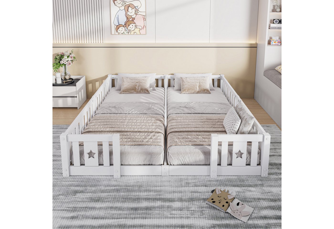 FUROKOY Kinderbett Bodenbett 2-in-1 Massivholzbett Holzbett, Doppelbett 90x200cm, Ohne Lattenrost,Weiß,für Familien mit 2 Kindern