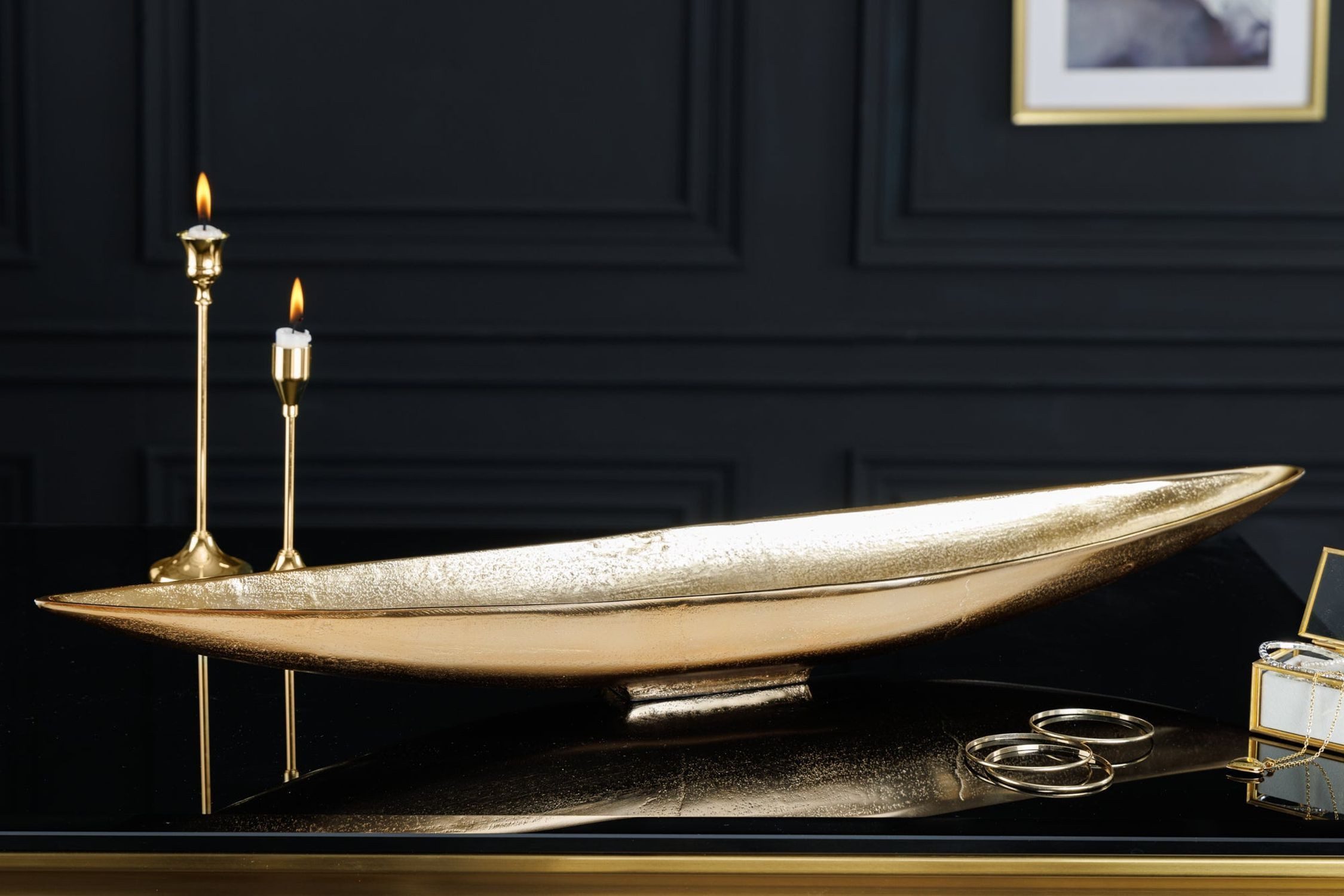 Licht-Erlebnisse Dekoschale CELSO, länglich groß 82 cm lang aus Metall in Gold Handarbeit Deko Schale