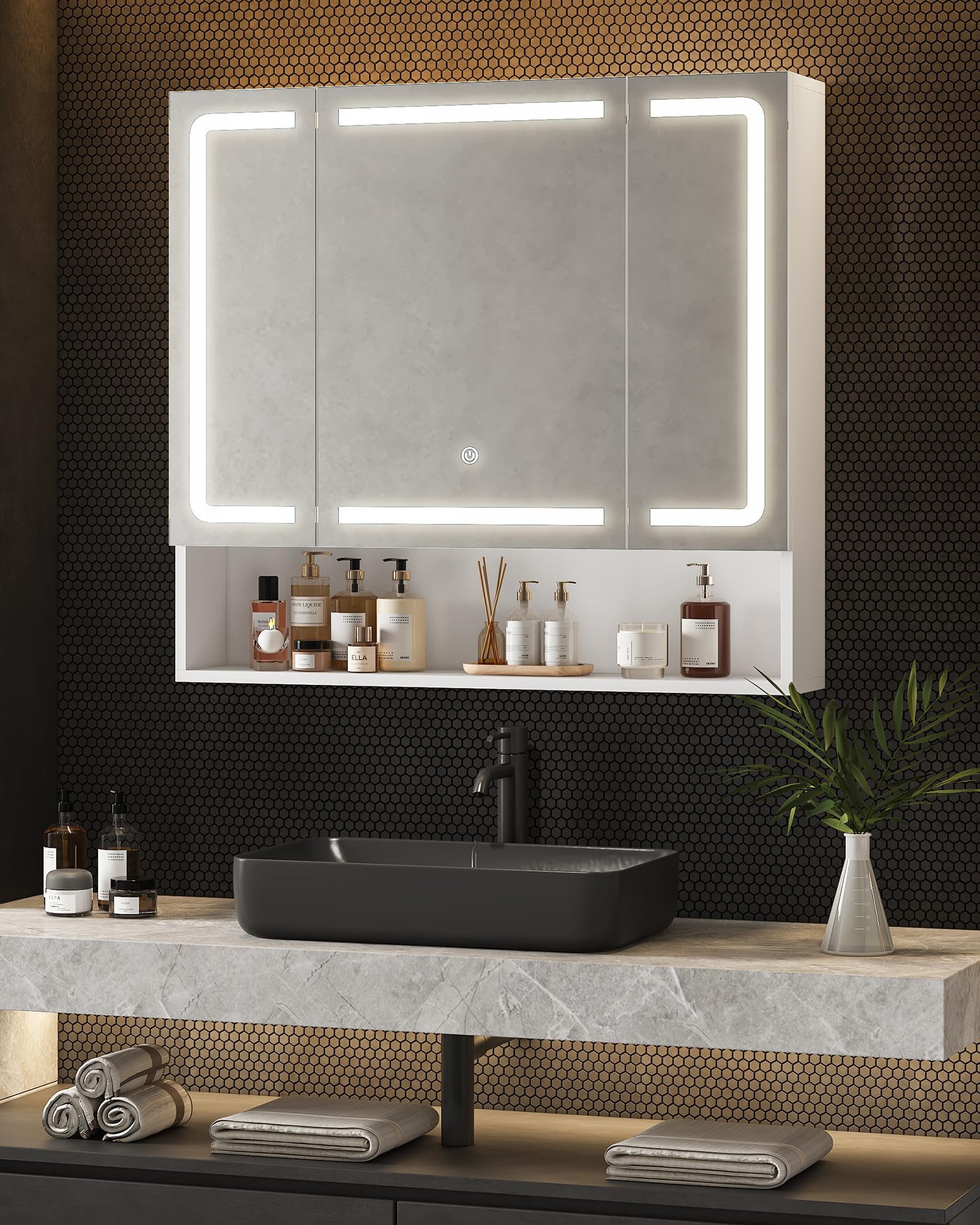 MSMASK Badezimmerspiegelschrank Moderner 3-türiger LED-Spiegelschrank mit v günstig online kaufen