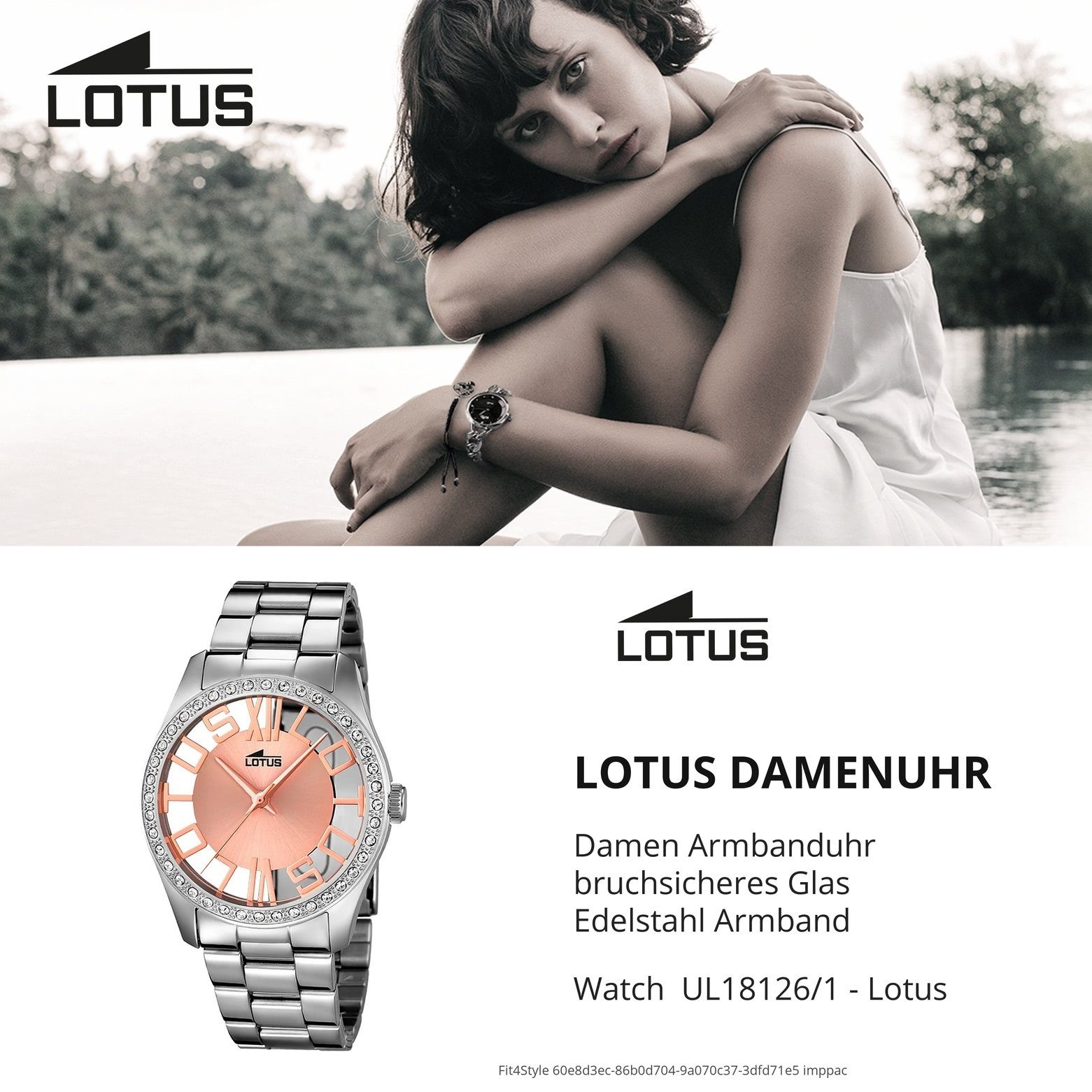 Uhr Armbanduhr Damen rund, L18126/1, Edelstahlarmband Damen Fashion Lotus Quarzuhr Lotus silber