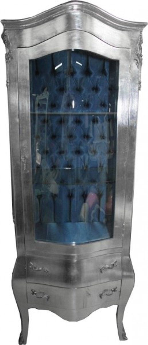 Casa Padrino Vitrine Barock Vitrine Silber mit Azzurfarbenen Innenstoff - Antik Stil Möbel