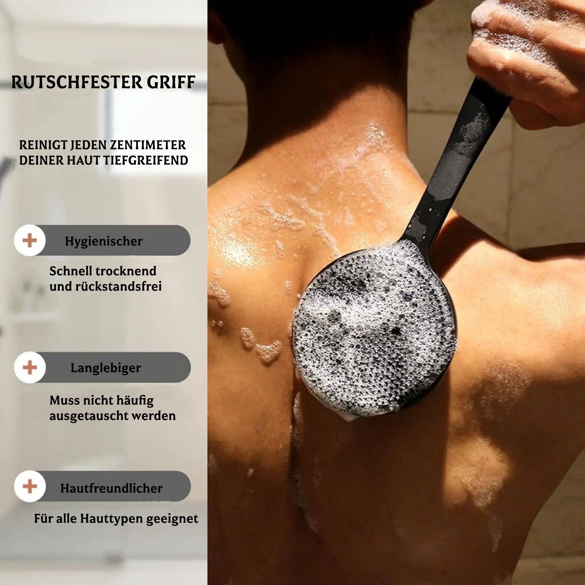 Forrlite Badebürste Silikon-Körperwäscher mit Langem Griff, Doppelseitige Rückenbürste, für Duschpeeling und Massage, Körperbürste Duschbürste Rücken für Männer, Senioren, Frau