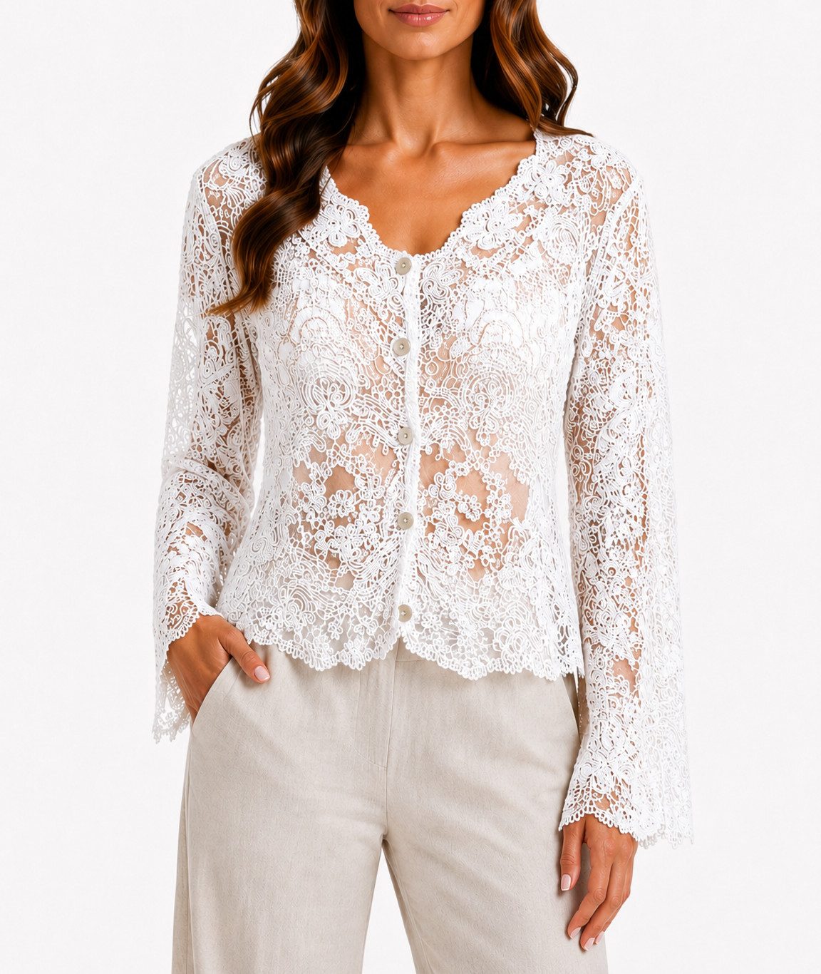 Mississhop Spitzenbluse Damen Spitzenbluse kurz mit Knopfleiste – Boho Spitze Bluse S/M