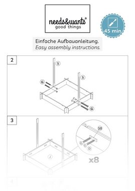 needs&wants® Sandkasten mit Abdeckung Dach Deckel Sitzbank und Boden mit Bank, Sandkiste Holz, quadratisch verschließbar Outdoor Garten, 120x120 cm UV, weiß braun