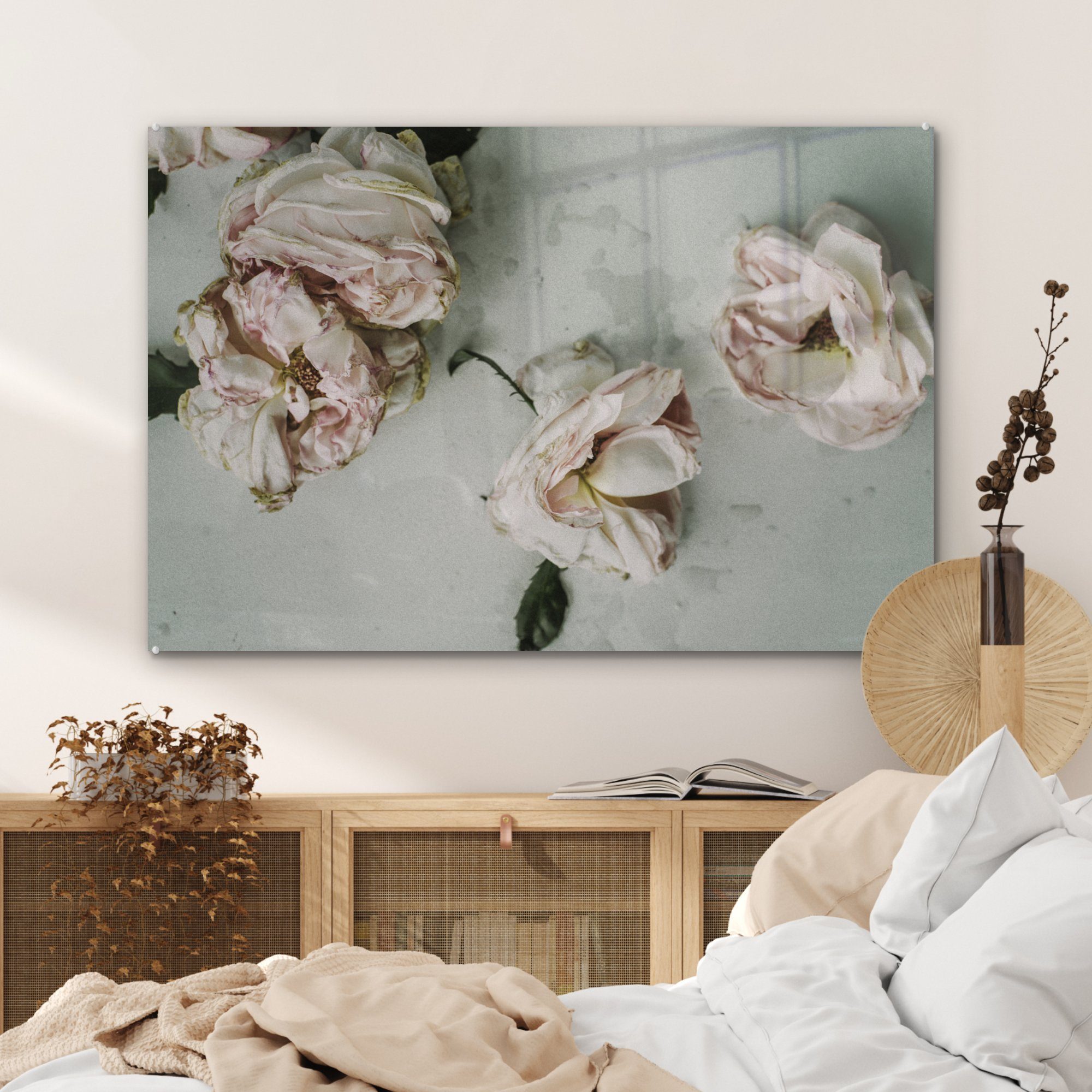 MuchoWow Acrylglasbild Rosen - Wohnzimmer Acrylglasbilder (1 Blumen, St), - Schlafzimmer Getrocknete & Blumen