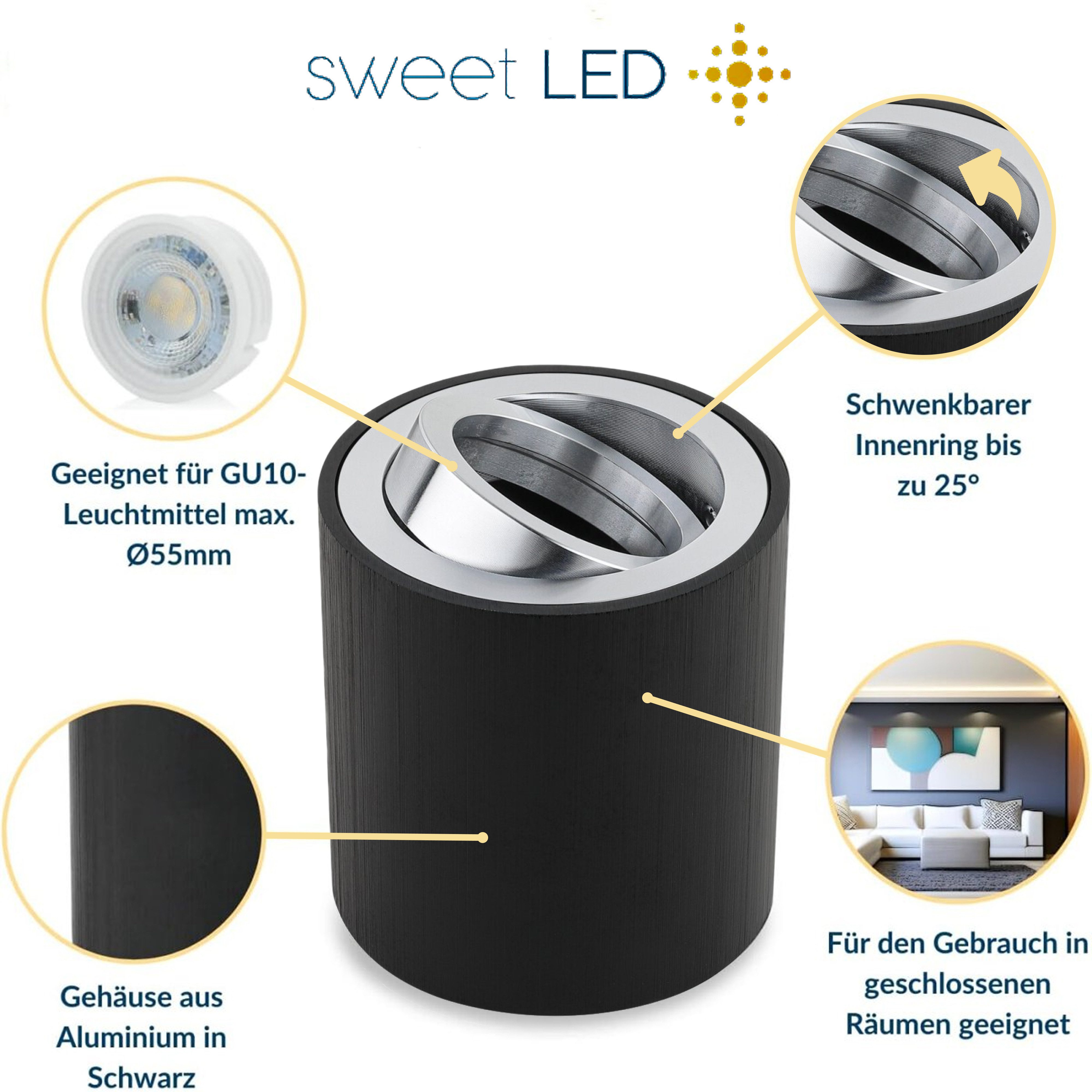 Sweet LED Aufbauleuchte GU10 Deckenspot rund & schwenkbar Aluminium schwarz 230V, schwenkbar, ohne Leuchtmittel, Aufbaustrahler LED, Aufbauspot, Deckenstrahler