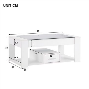 DOTMALL Tischsitz Couchtisch Glasplatte mit Stauraum Wohnzimmer Weiß