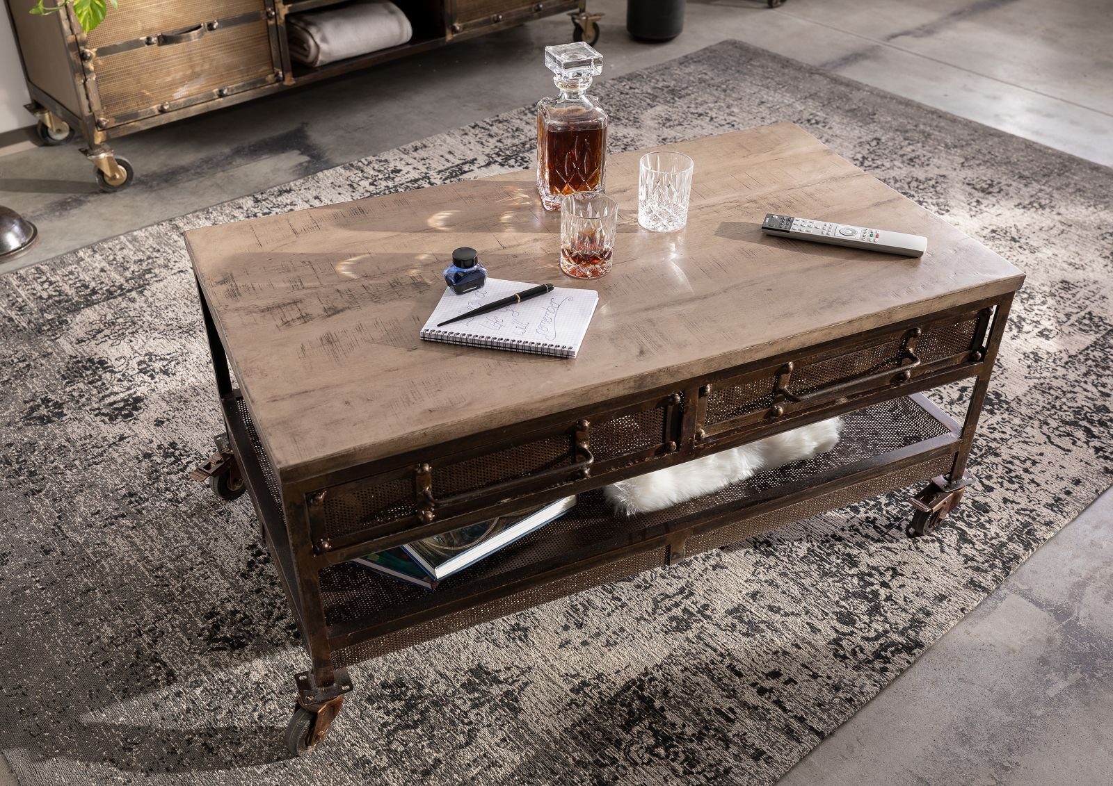 Massivmoebel24 Couchtisch HEAVY INDUSTRY (Massivholz, Massivholztisch), Couchtisch Mango 110x60x50 braun lackiert HEAVY INDUSTRY #222