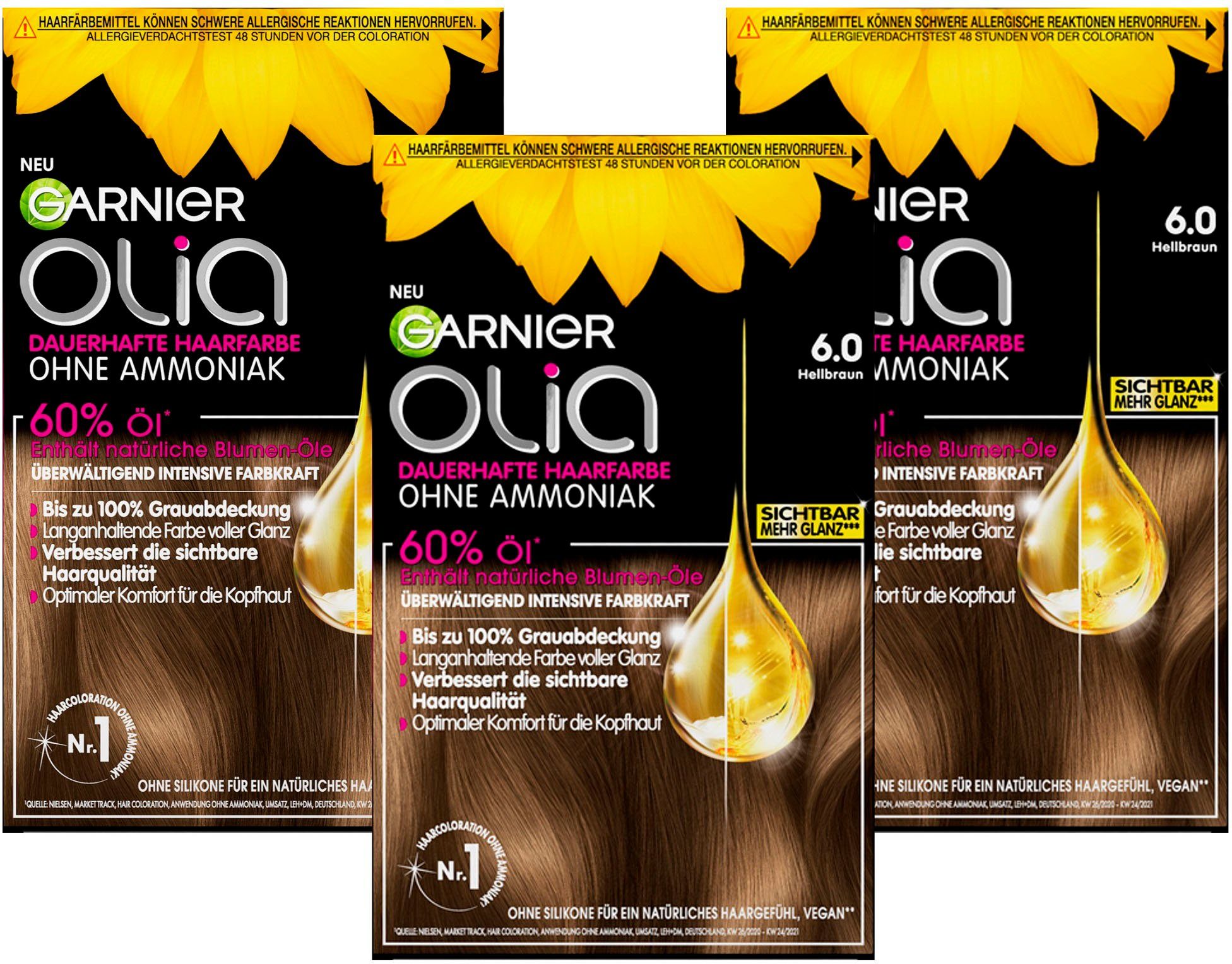 60 Öle GARNIER enthält Coloration Olia Colorations-Creme Ölbasis, Set, Ammoniakfreie Garnier % dauerhafte 3-tlg., Haarfarbe,