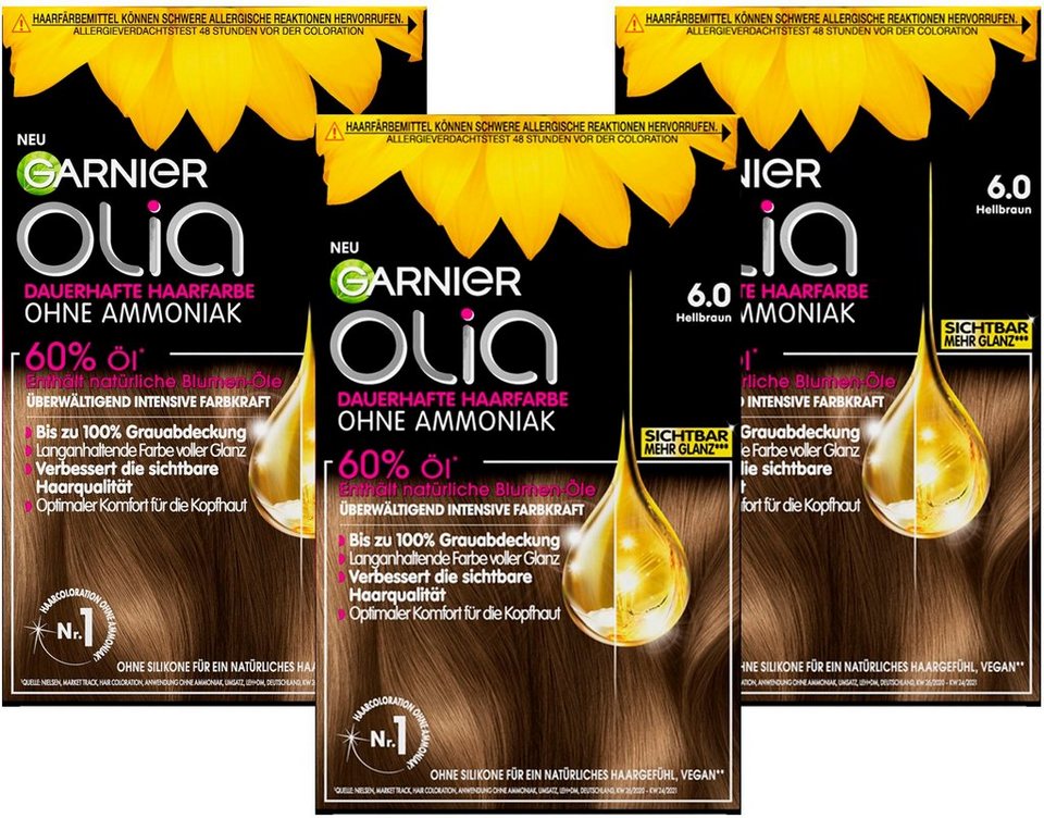 GARNIER Coloration Garnier Olia dauerhafte Haarfarbe, Set, 3-tlg., Ölbasis,  Ammoniakfreie Colorations-Creme enthält 60 % Öle