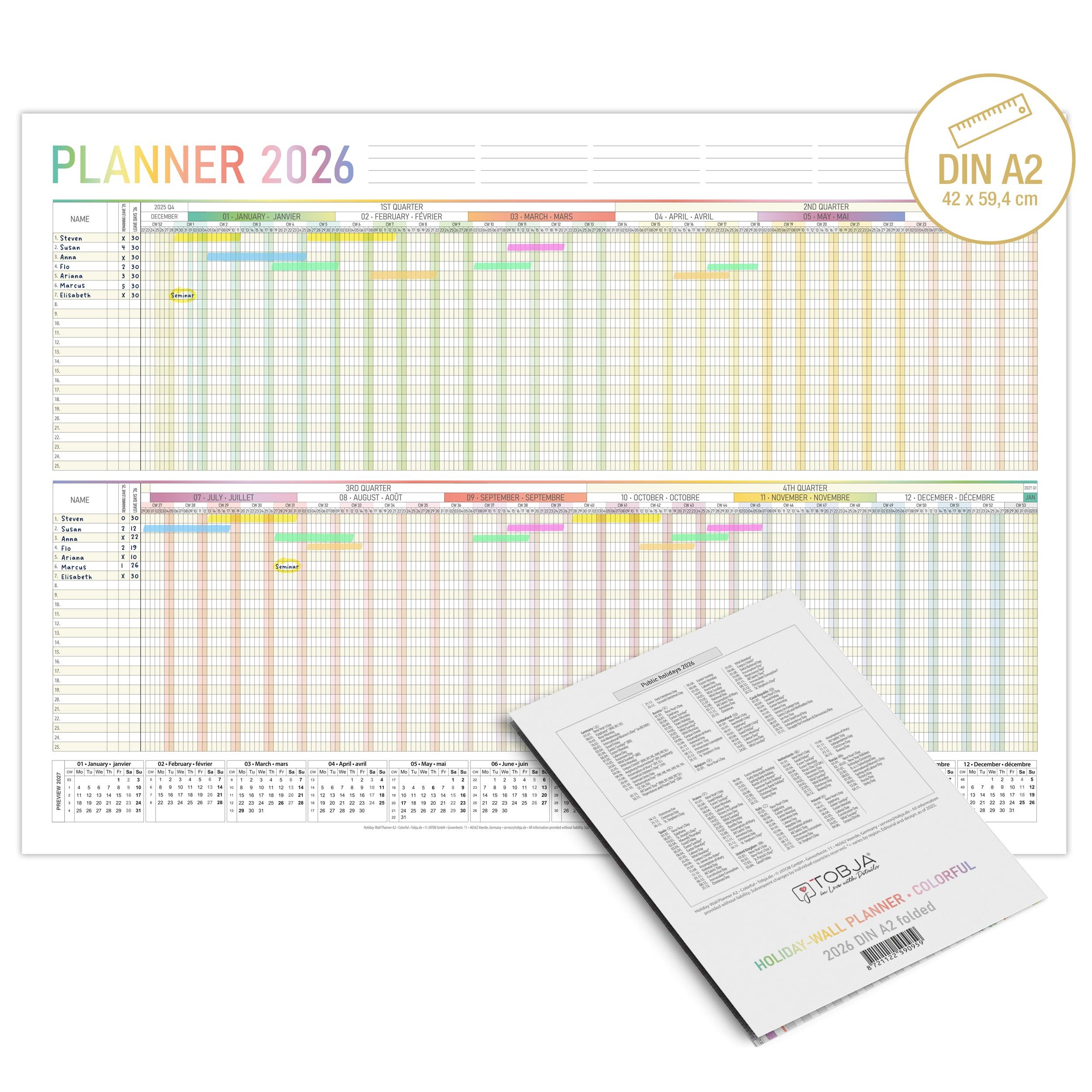 TOBJA Wandkalender A2 Urlaubsplaner EU 2026 Mitarbeiterplaner Schichtplaner, Urlaubskalender Mitarbeiterplaner (42 x 60 cm) Eglisch