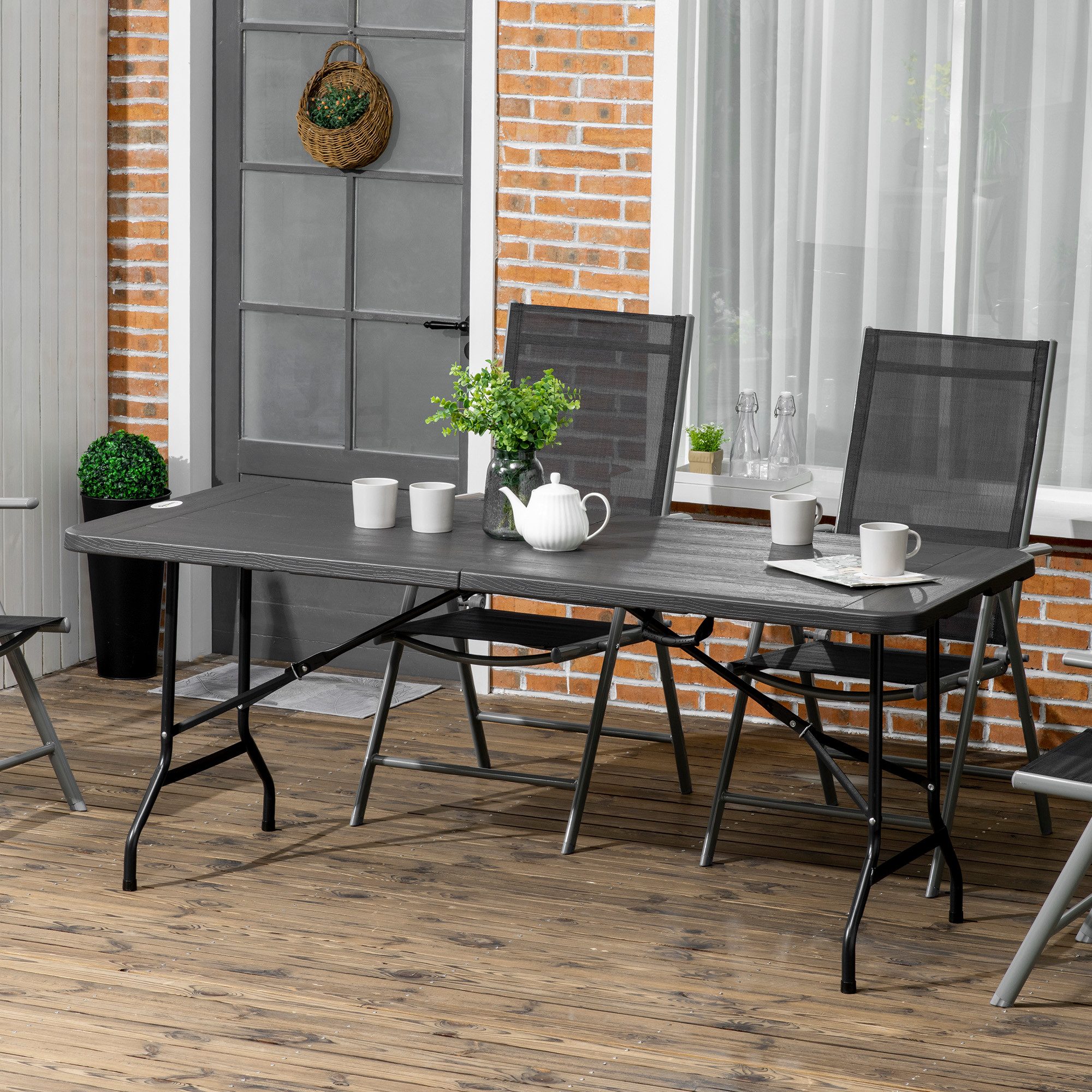 Outsunny Gartentisch Klapptisch für 6 Personen, Buffettisch mit Stahlgestell (Buffettisch mit Stahlgestell, 1-St., Klapptisch für 6 Personen), HDPE, 180 x 75,5 x 73 cm, Dunkelgrau