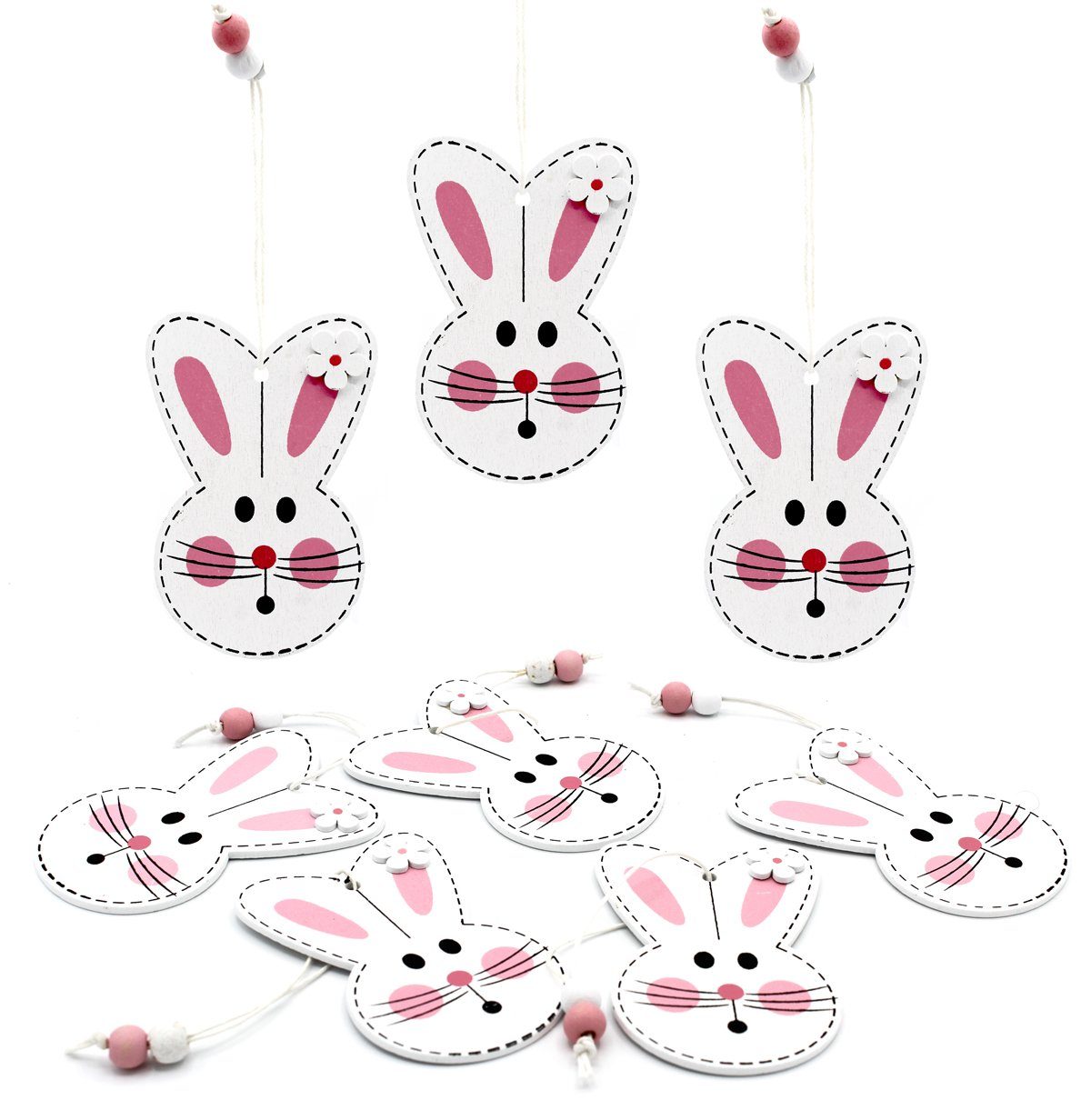 LB H&F Hängen niedlich 8er weiß Hängedeko Osterdekoration Dekohänger Osterhase Osteranhänger Holz Osterstrauss Dekohänger zum Anhänger Lilienburg Geschenkanhänger Osterdeko Osterschmuck Osterhase Ostern rosa Osterhänger SET