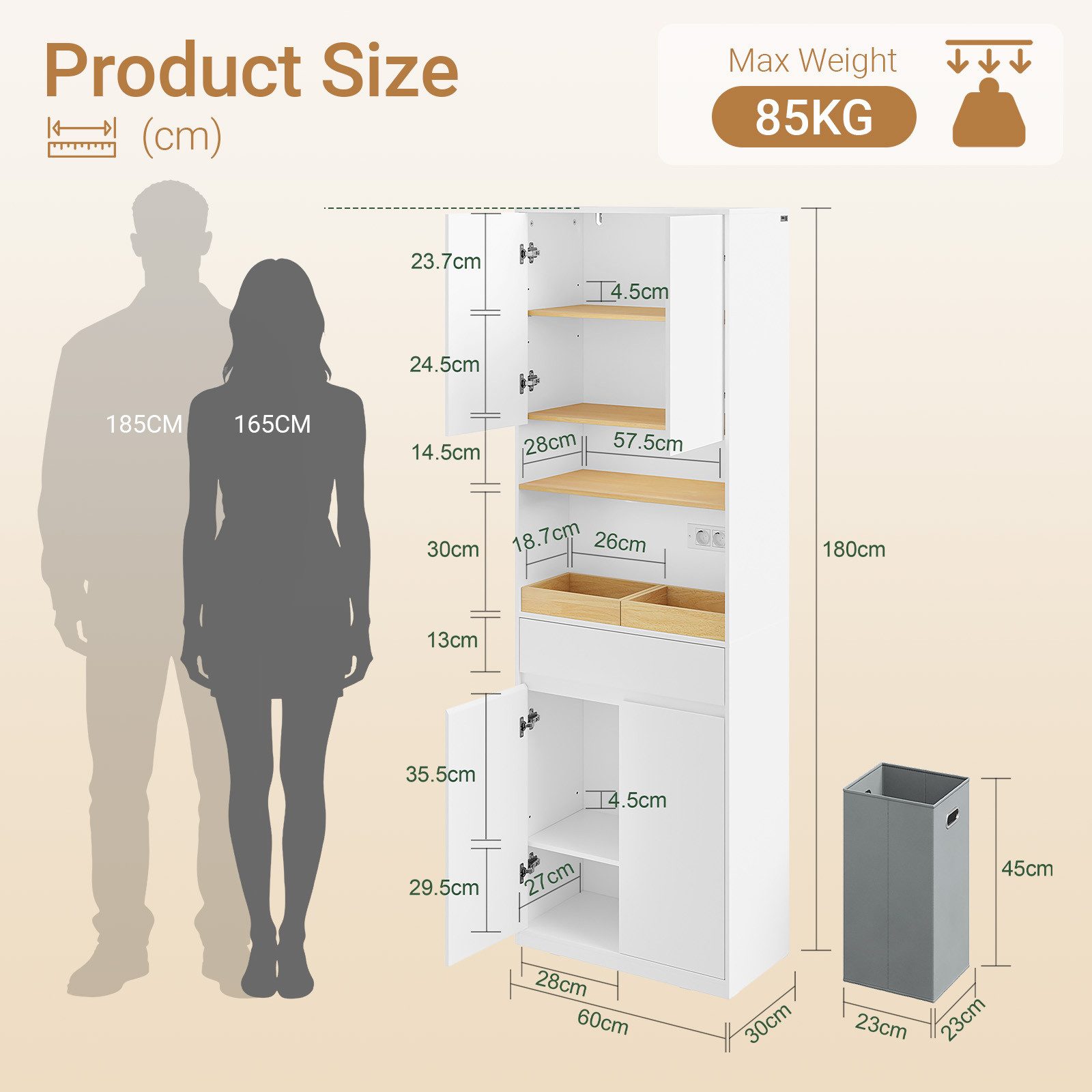 SoBuy Hochschrank BZR241-E, Badezimmerschrank schmal, mit LED Sensorleuchte & Steckdose (1er Set) Badkommode Badschrank, mit Türen, Schubladen & Ausziehbarer Wä – Bild 4 von 5