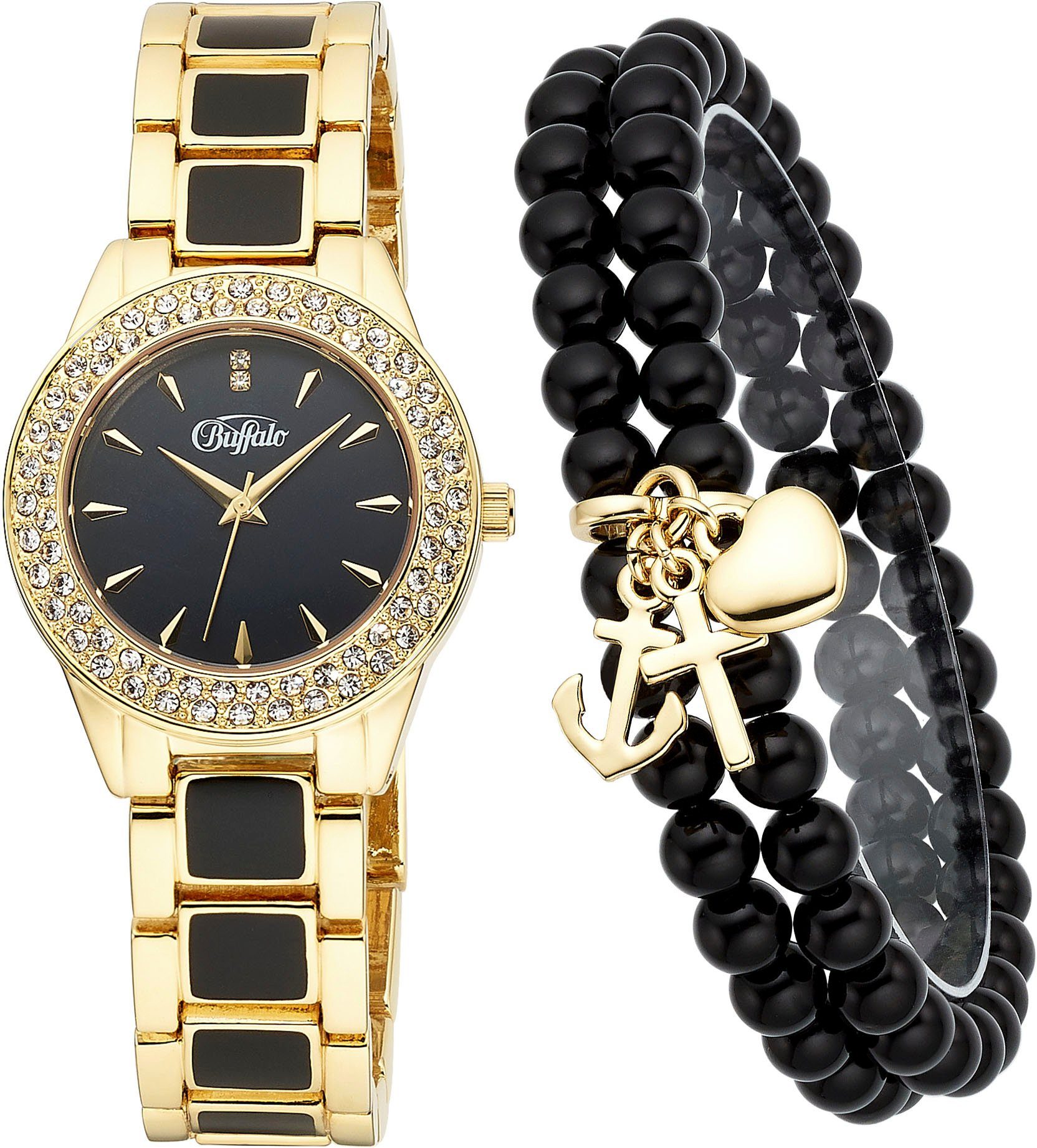 Armband Buffalo Geschenk, goldfarben-schwarz Metall mit aus als 2-tlg., Quarzuhr, Armband), auch (Set, ideal IP-beschichtetem