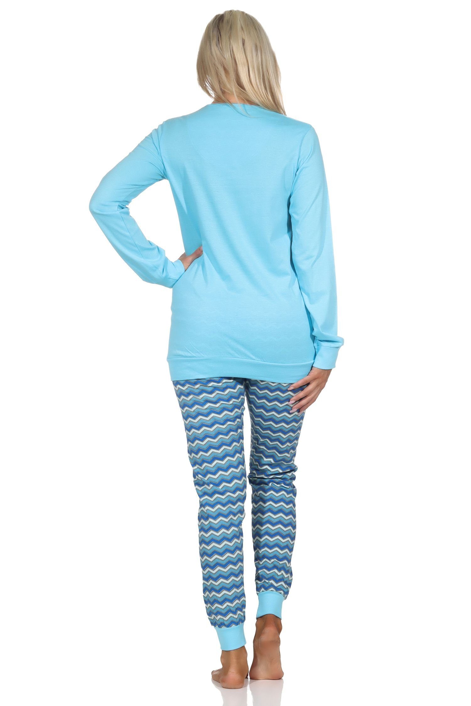 mit Bündchen & blau Schlafanzug Damen Pyjama Ethno-Look V-Hals Normann Pyjama, im lang