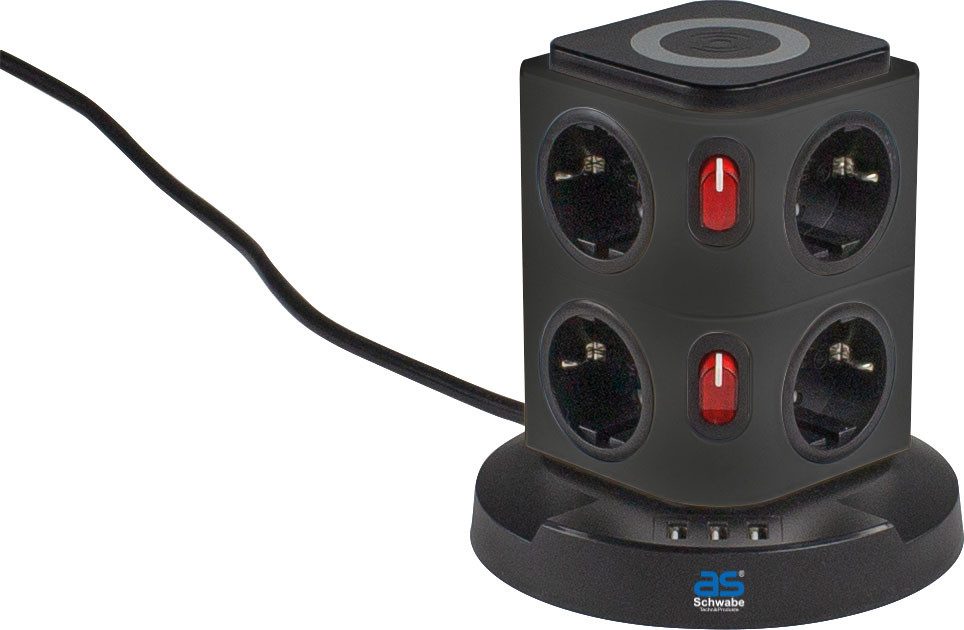 as - Schwabe Tischsteckdosen mit Induktionsladefläche, IP20 Steckdosenleiste 8-fach (Ein- / Ausschalter, USB-Anschlüsse, Schalterbeleuchtung, Schutzkontaktstecker, Kabellänge 1,5 m), mit erhöhtem Berührungsschutz und Schalter