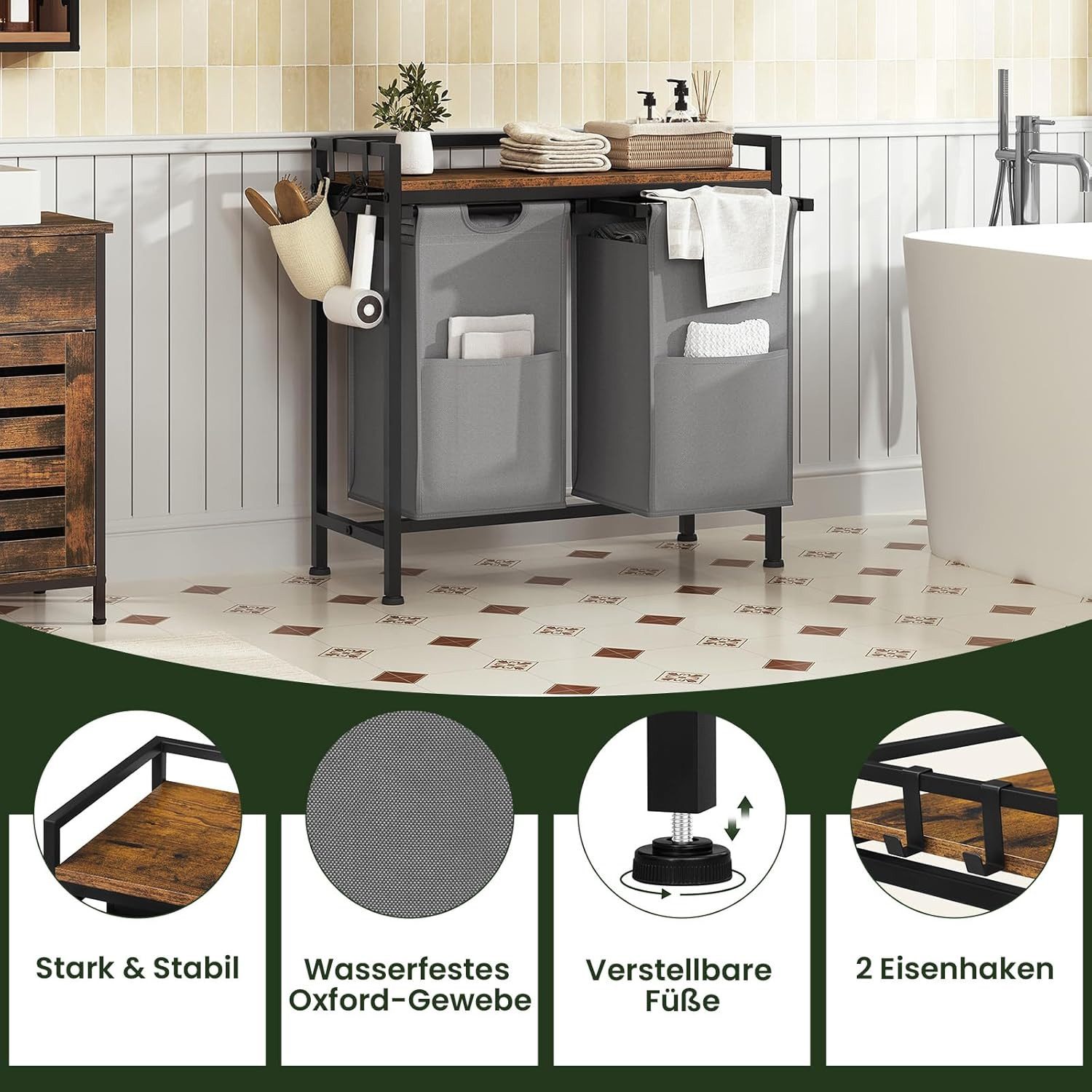 EUGAD Wäschekorb (1 St), Wäschesammler, mit Rollen, Ablage, Haken, ausziehbar abnehmbar