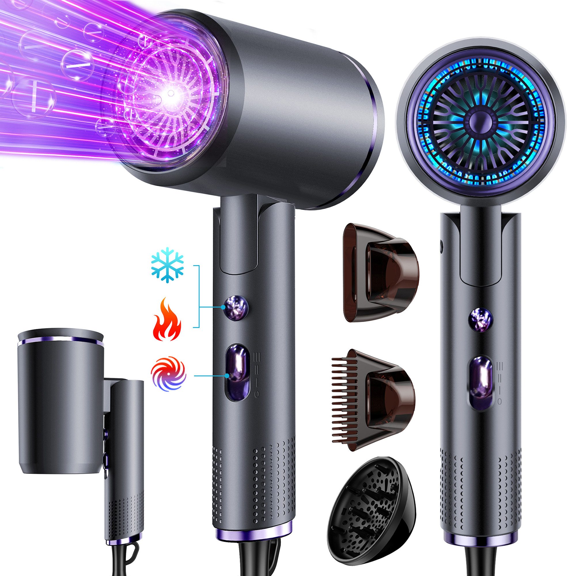 ibettertec Haartrockner Haartrockner Föhn Ionen,klappbar,mit 3 Stylingdüse, 2400 W, Schnelltrocknen Hair Dryer Mit 6 Temperatureinstellungen, Reiseföhn Hairdryer Frisuren Zubehör Reisehaartrockner