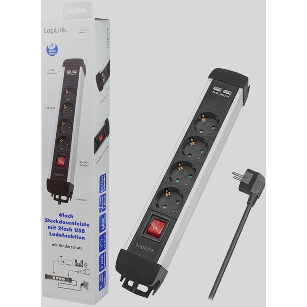 LogiLink Steckdosenleiste 4-fach (4x Schutzkontakt) erhöhter USB Steckdosenleiste, Berührungsschutz, mit mit mit Schalter, 2x