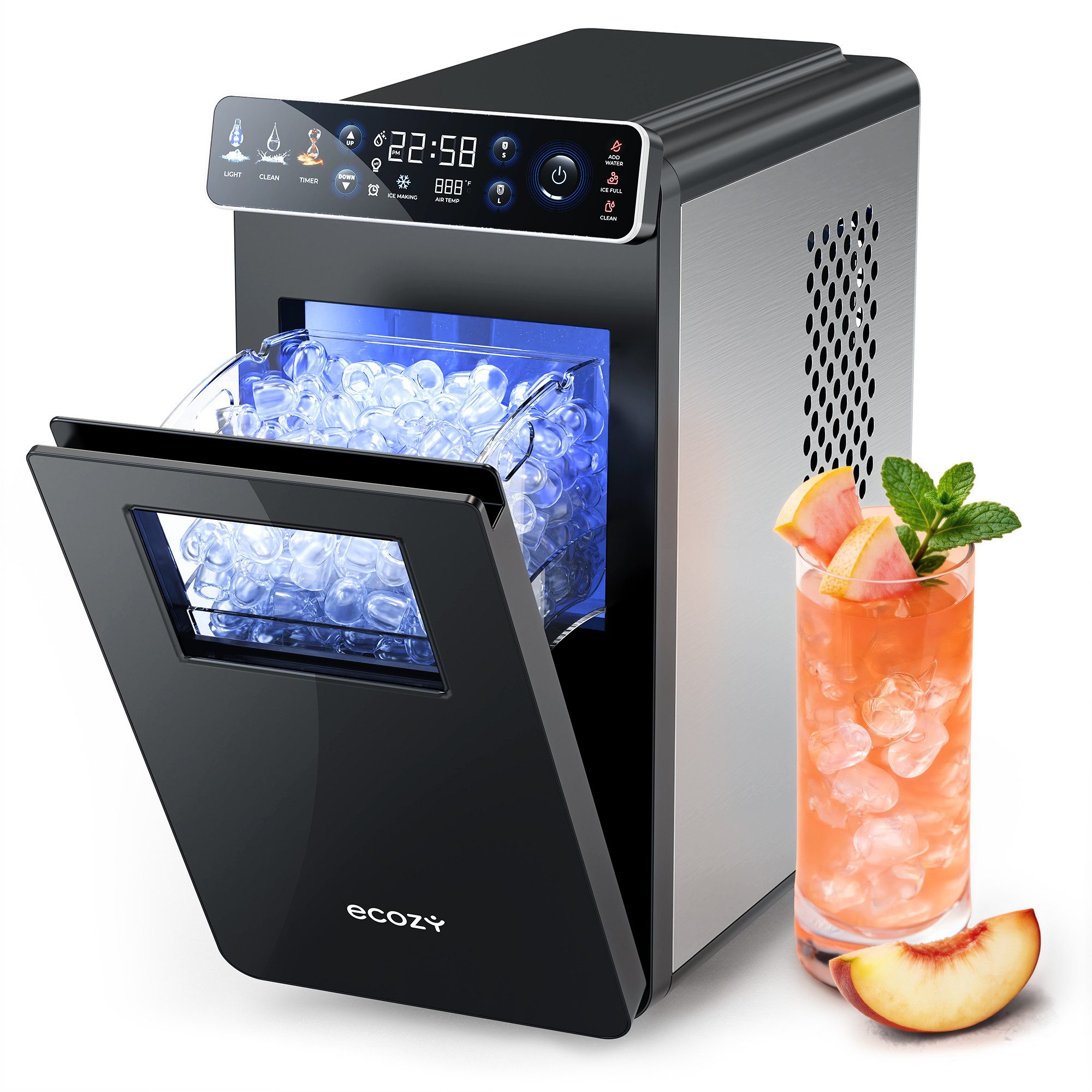 eCozy Eiswürfelmaschine Tragbar und Kompakt mit Farbdisplay, 12 KG/24H, Eiswürfel in 6 Minuten, 24-Stunden-Timer, 2 Eisgrößen, Selbstreinigung, Stummschalten