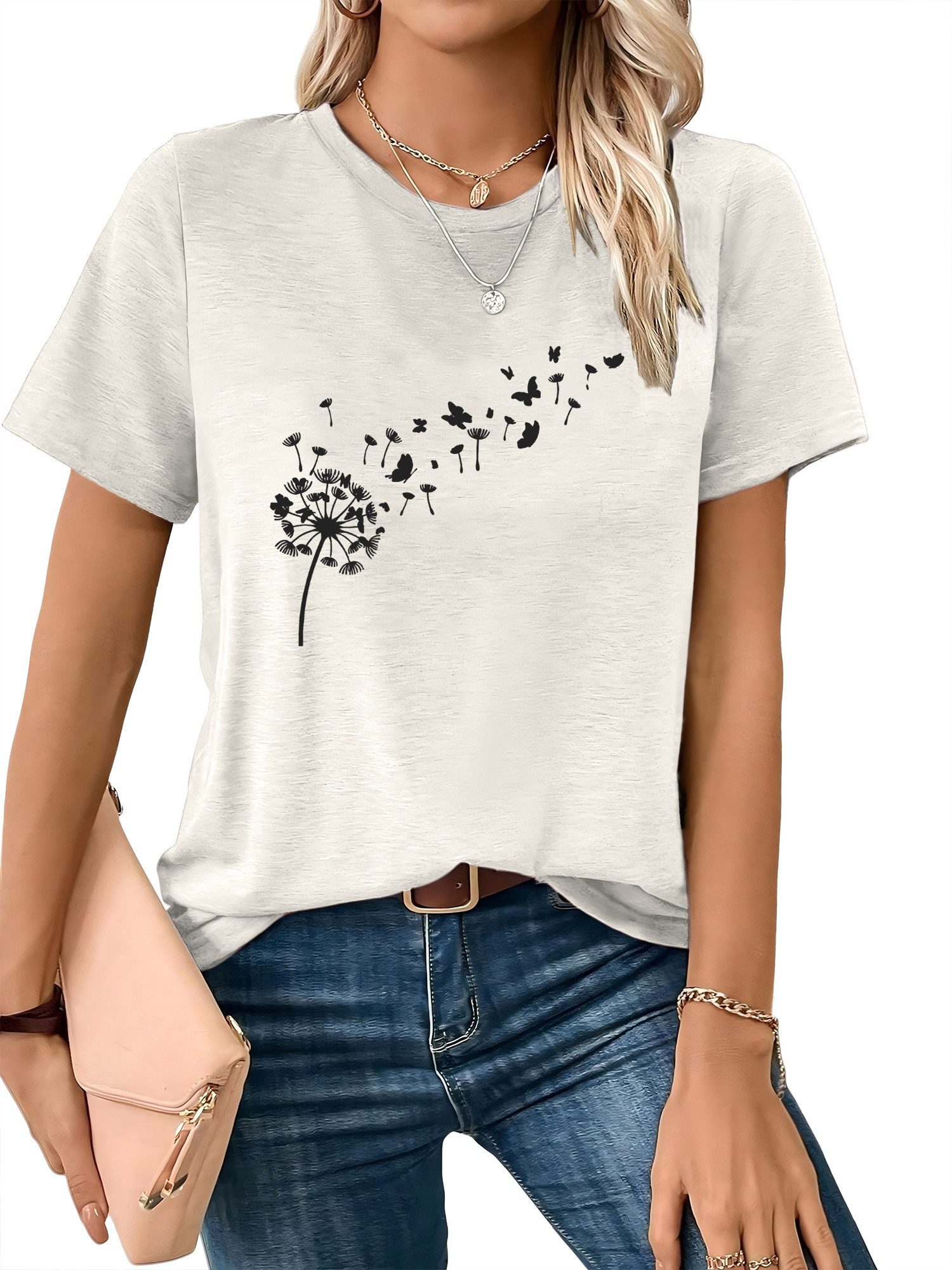 PYLIKE Rundhalsshirt Damen bequemes Frühling Kurzarmbluse Löwenzahn Print-Shirt Bequem für Freizeit und Büro,Strandurlaub