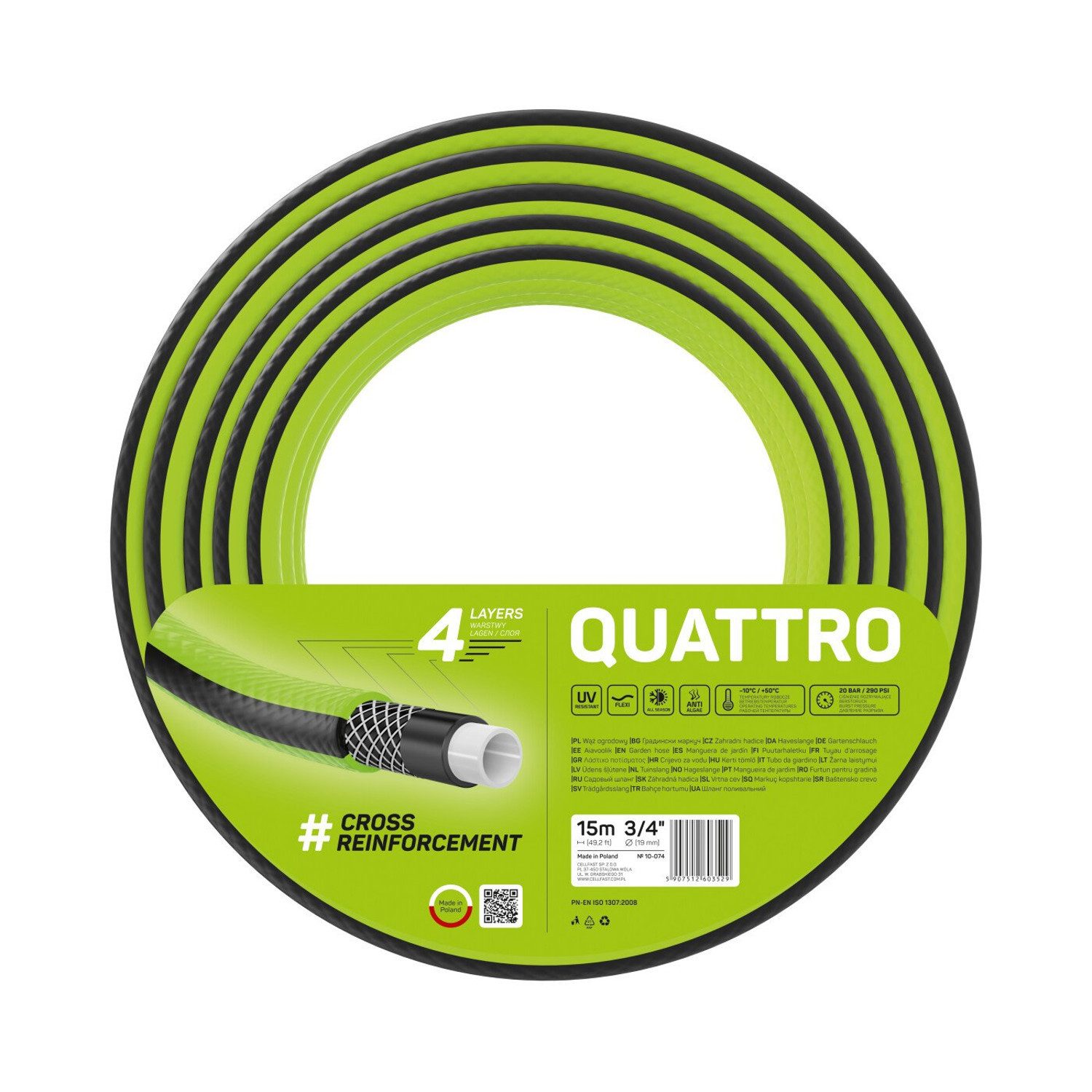 Cellfast Gartenschlauch 10-074 Quattro 3/4 4 Schichten, UV-beständig, Anti-Algen 15m