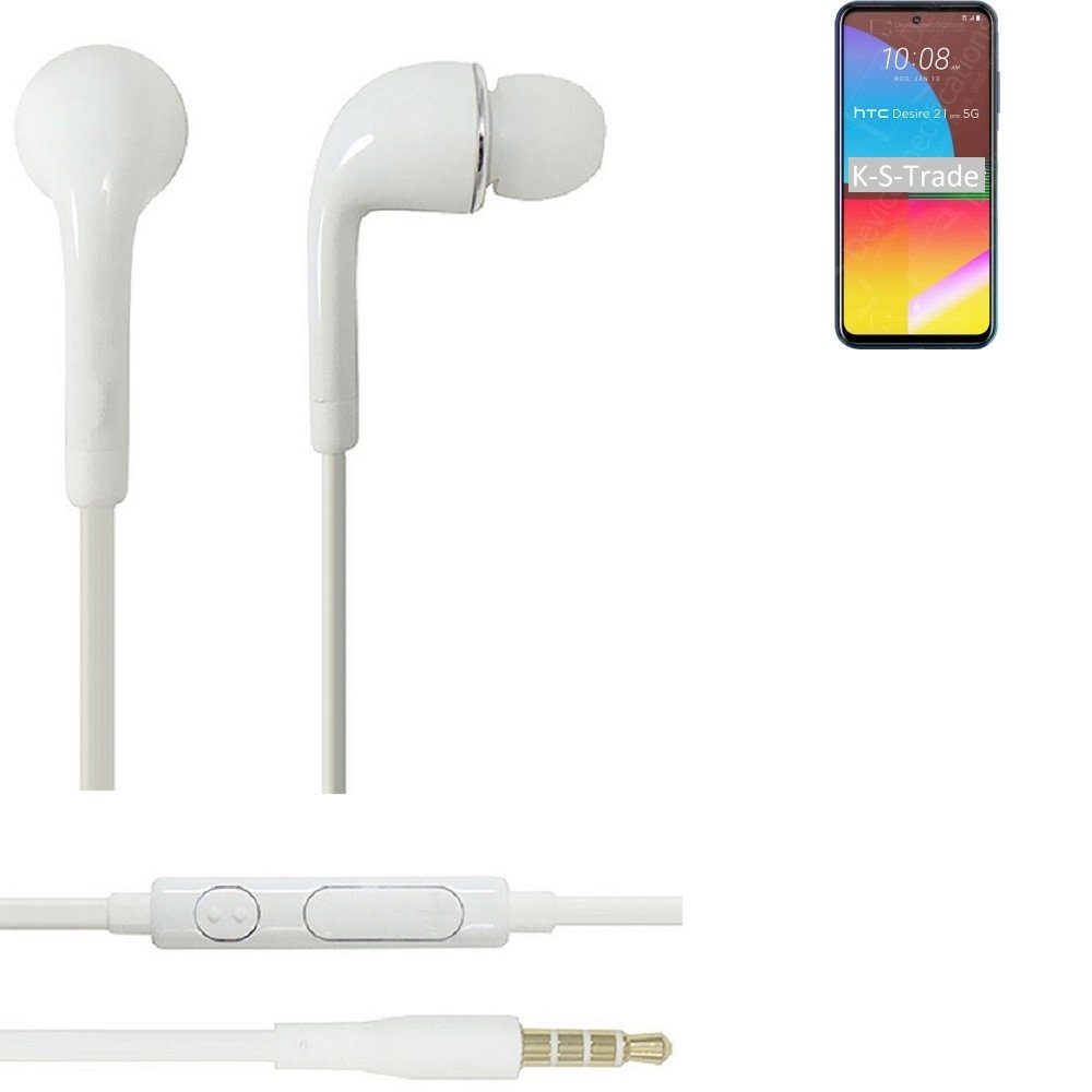 K-S-Trade für HTC Desire 21 Pro In-Ear-Kopfhörer (Kopfhörer Headset mit Mikrofon u Lautstärkeregler weiß 3,5mm)