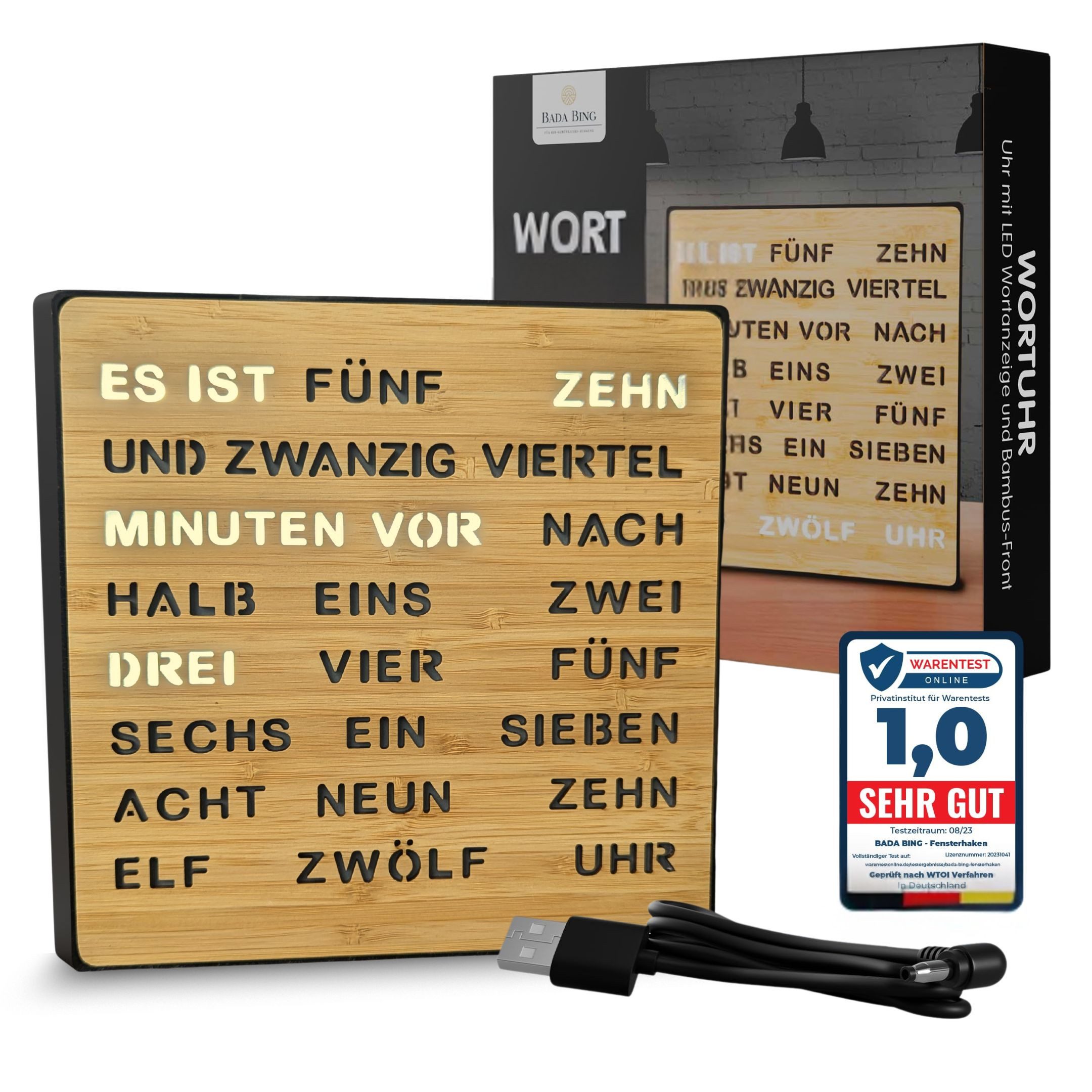 Bada Bing Uhr LED Wortuhr Tischuhr Wanduhr Uhr mit USB Kabel (Bambus Holzfr günstig online kaufen