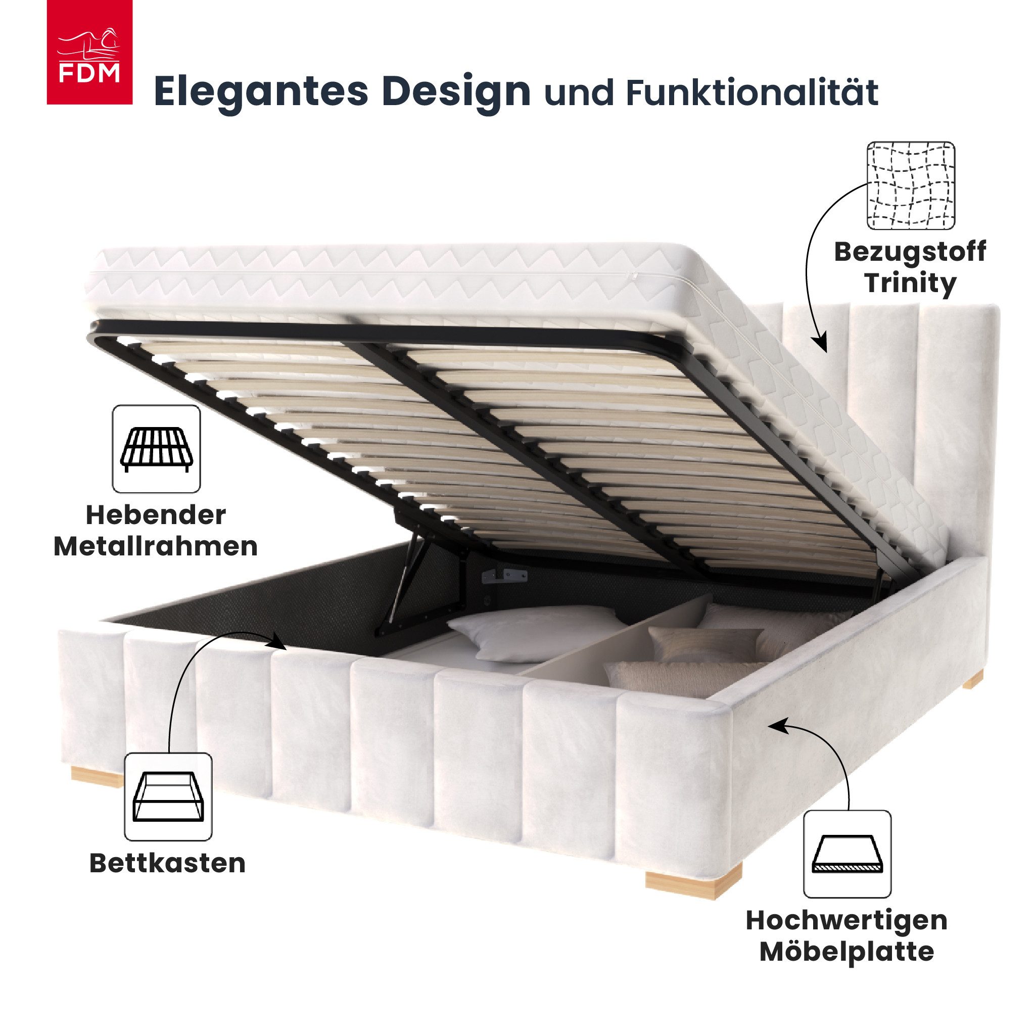 FDM Polsterbett modern mit Bettkasten MADE IN EU - mit hochwertigem Velours Bezug (verfügbar 90x200 120x200 140x200 160x200 180x200cm, Bettrahmen, Bett, mit großen gepolsterten Kopfteil, mit Bettkasten zum aufklappen), Hebbarer Metallrahmen, Bettkasten, mit/ohne Matratze