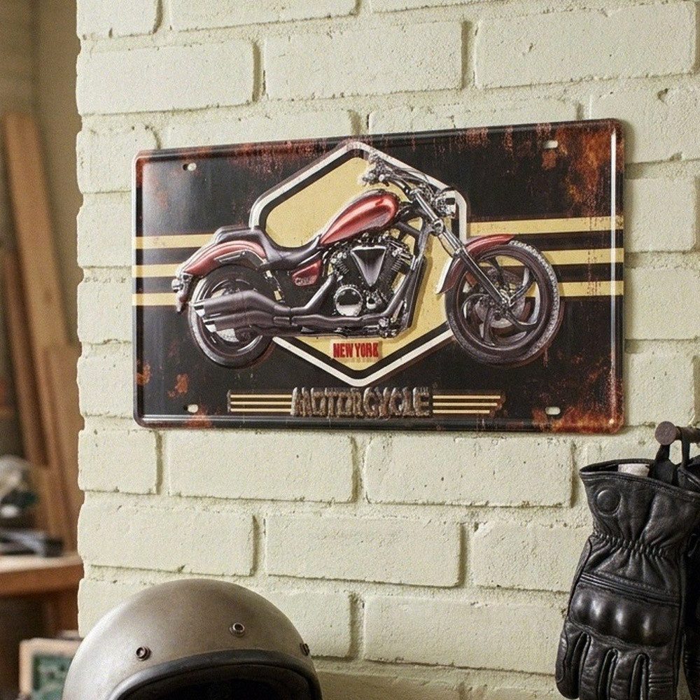 Antikas Wanddekoobjekt Wertiges Wandschild Motorrad aus Eisen, gestanzt, Vintage, L.40 cm