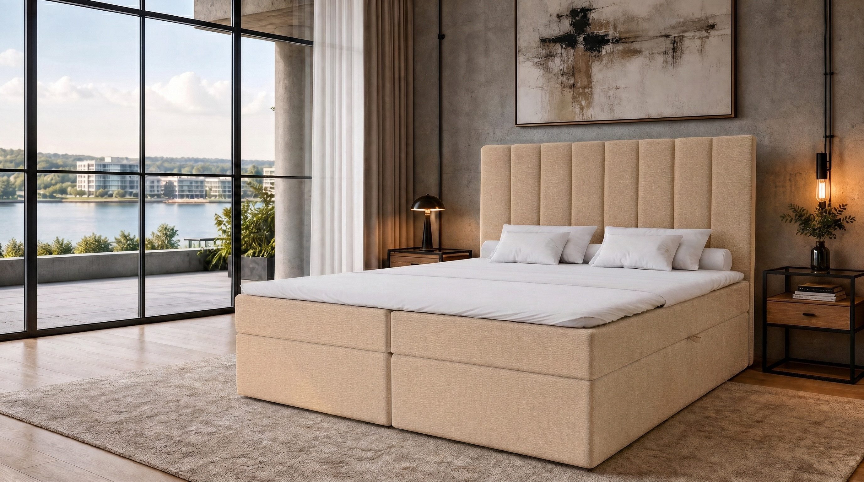 MARPUR Boxspringbett Luxus Modell NERO mit 2 Bettkästen & Bonellfederkern (H3) (Boxspringbett mit Bettkasten und Kopfteil, Füße, Anleitung), gepolstertes Kopfteil (124cm), ohne Topper, in diversen Farben