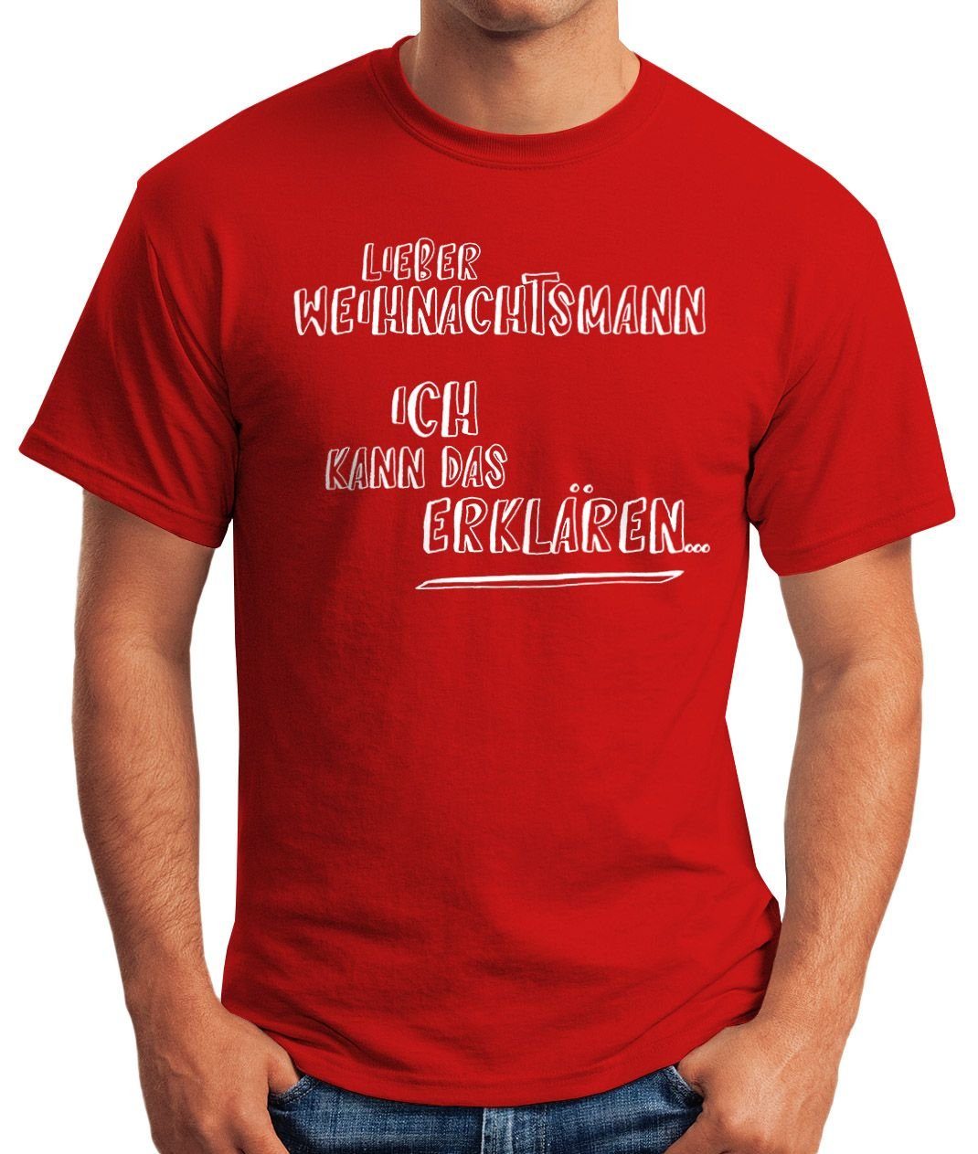 Print Weihnachten Weihnachtsshirt Moonworks® erklären kann T-Shirt mit Ich Weihnachtsmann Herren lustiges Lieber Print-Shirt das rot MoonWorks