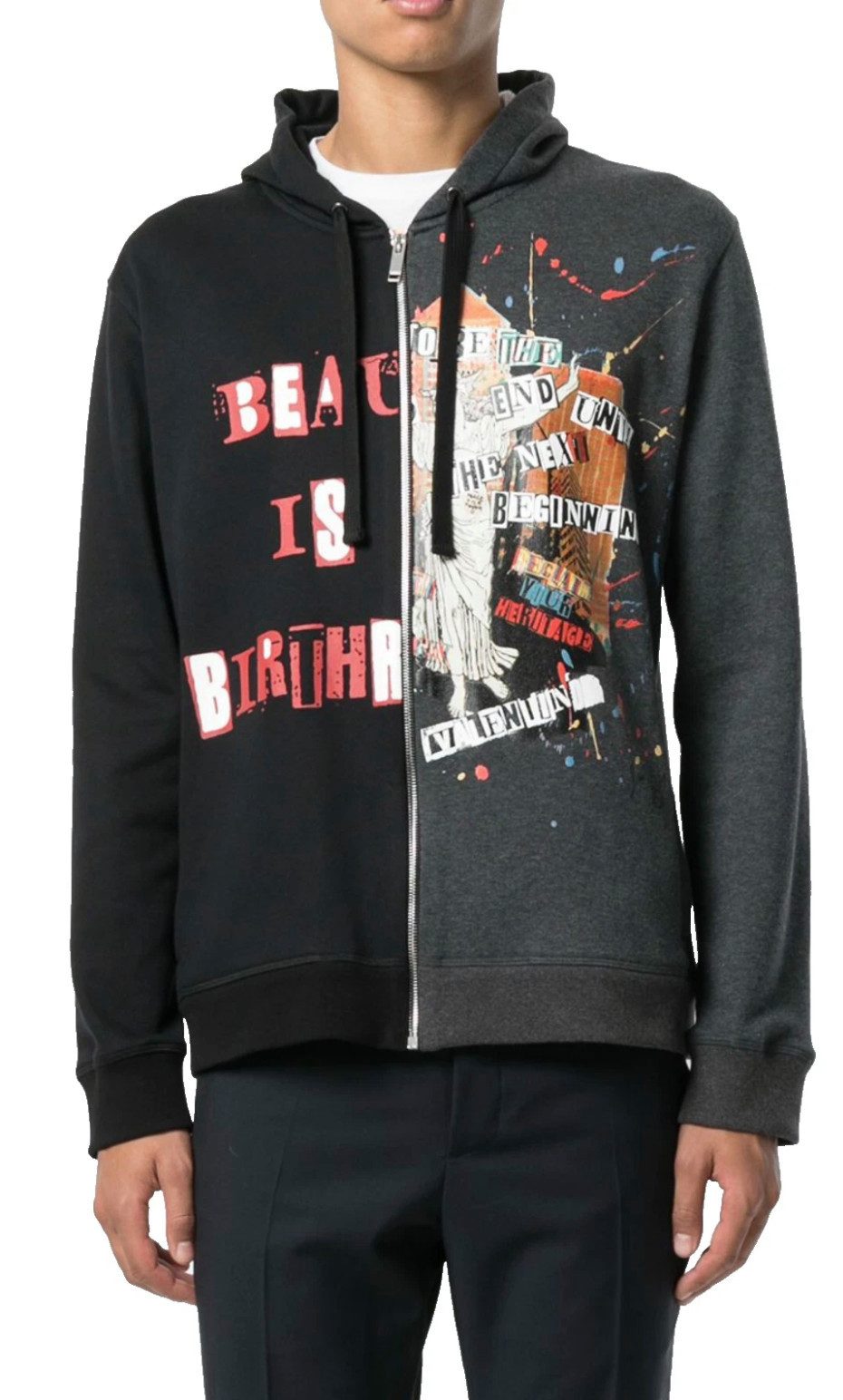 Valentino Sweatjacke Jamie Reid Punk Poem Two Faced Hoodie Kapuzenjacke Jacke mit Schrift-Collage, Statue und Farbspritzern