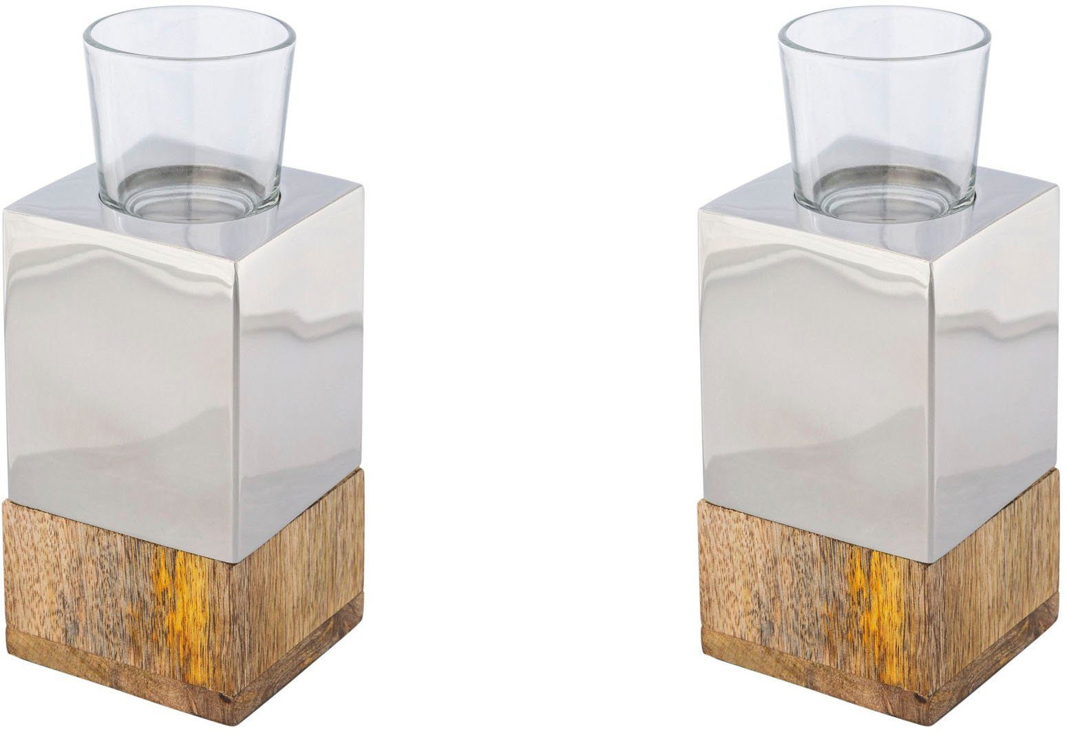 Creativ home Teelichthalter Kerzenhalter Tower silberfarben St), und Glas (Set, 2 Holz, aus Edelstahl