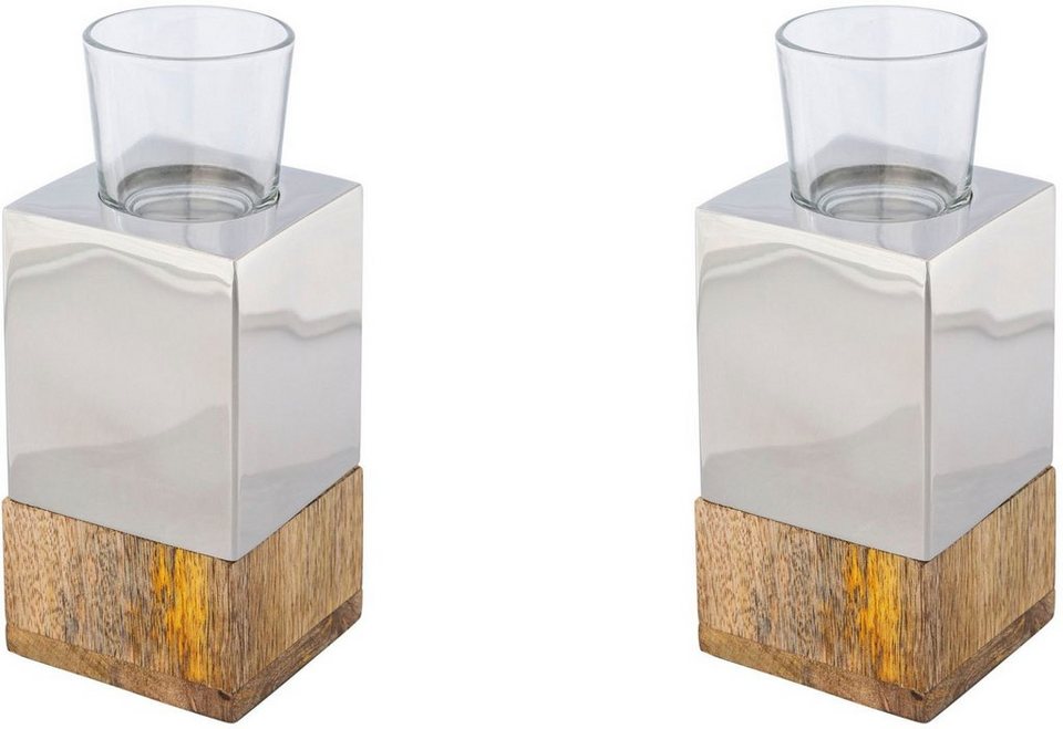 Creativ home Teelichthalter Kerzenhalter Tower (Set, 2 St), aus Holz,  Edelstahl und Glas