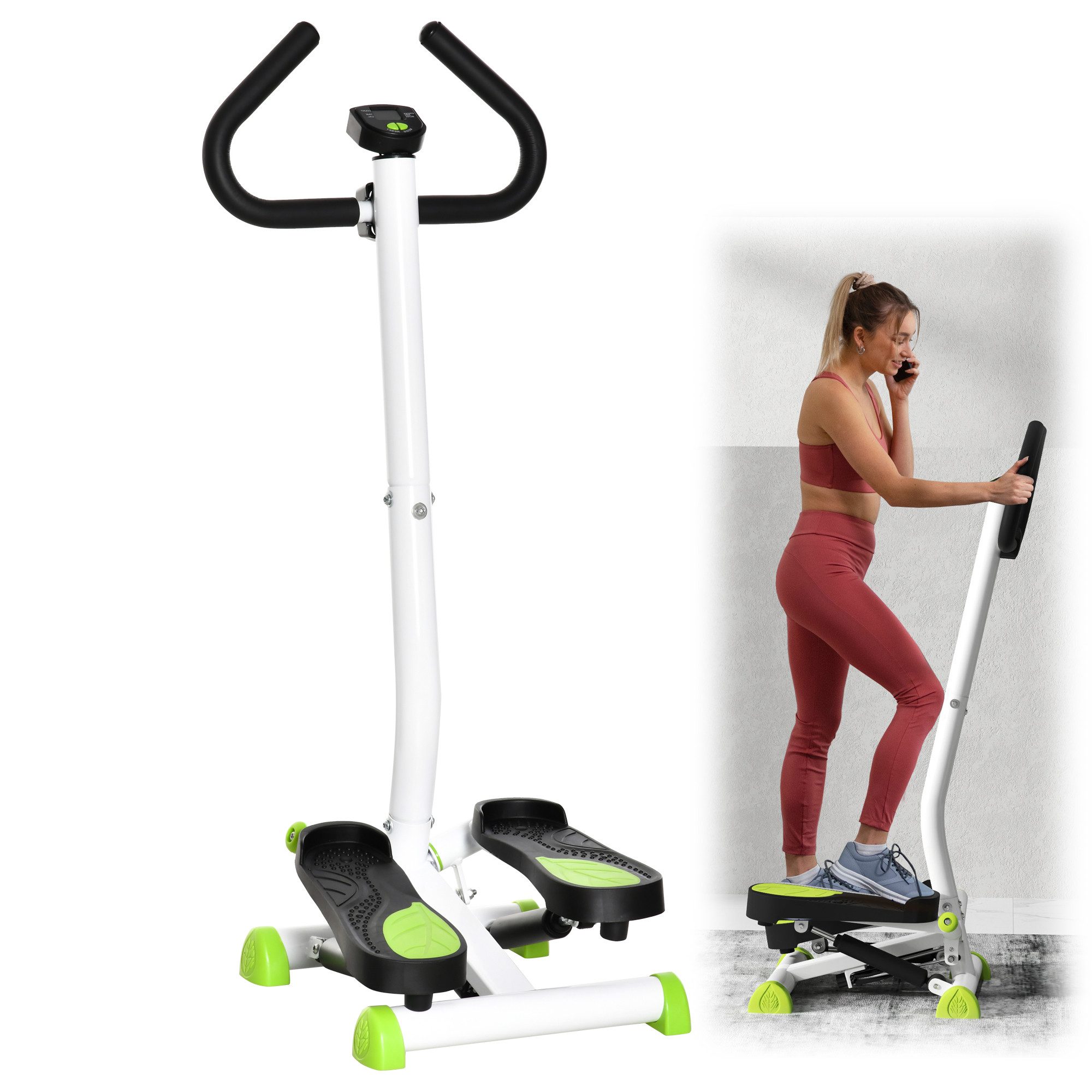 UMAY Crosstrainer Heimtrainer (Stahl ABS, grün, 55 x 44 x 108 cm, mit LCD Bildschirm & Handgriff, Hometrainer für Zuhause bis 100 kg), Stepper Fitness Swing Stepper