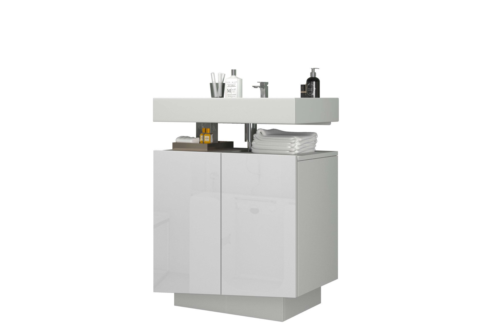 welltime Waschbeckenunterschrank Vela,Breite 60cm, 2 Türen, 2 Fächer, mit Siphonausschnitt, lackiert (1-St) Waschbeckenunterschrank,Waschtisch,Design mit schrägen Türen