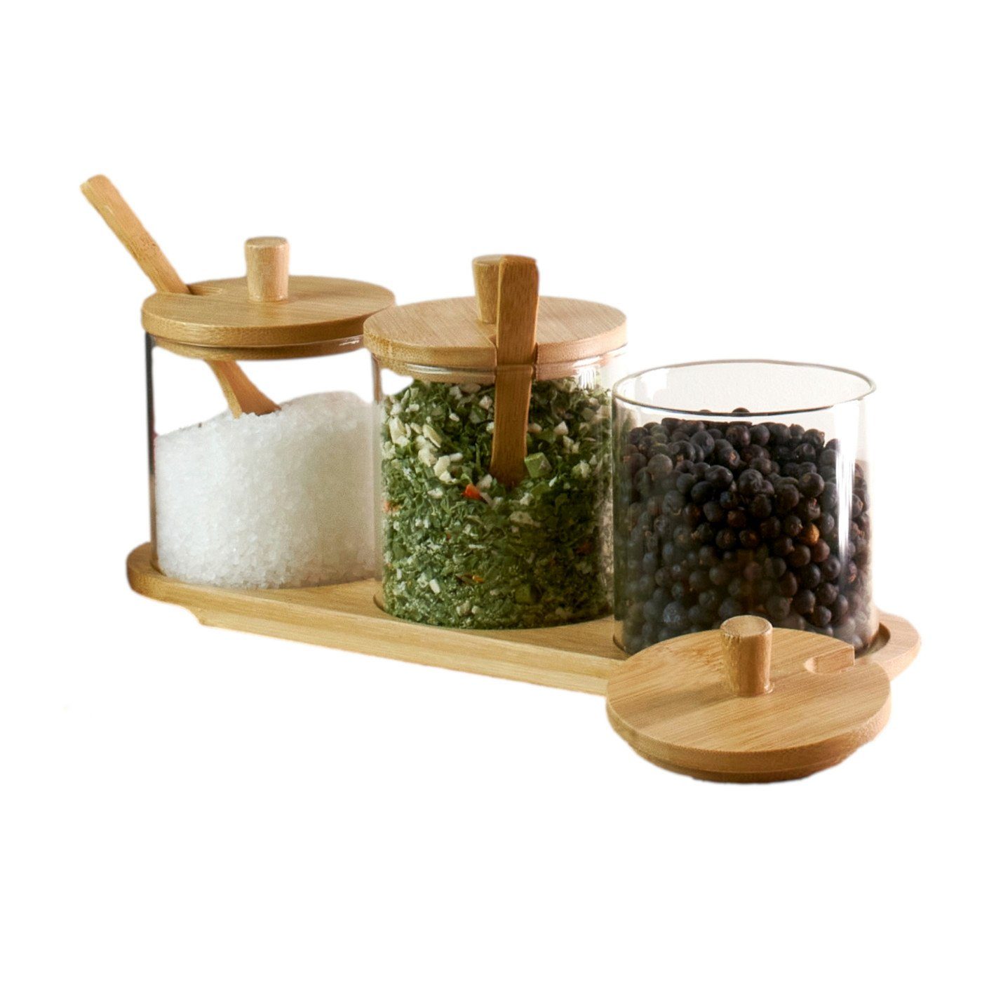 gouveo Snackschale 3 Snack-Gläser 350 ml mit Löffel und Deckel auf Tablett - Tischset, Glas, Holz, (10-tlg)