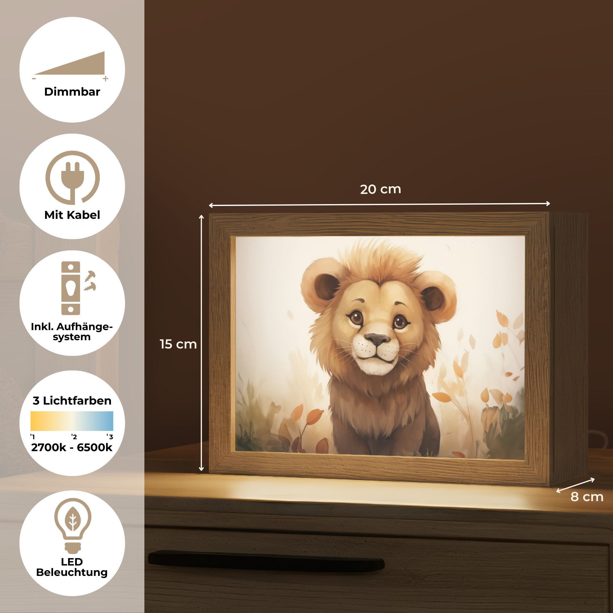 OnlyWow Nachttischlampe Lightbox Löwe - Tiere - Kinder - Braun - Mädchen, Dimmbar, Farbwechsel, LED, Warmweiß, Kaltweiß, Neutralweiß Einstellbar, Nachtlicht, Kinder- und Babyzimmer, Dimmbar, mit Kabel, Tischleuchte