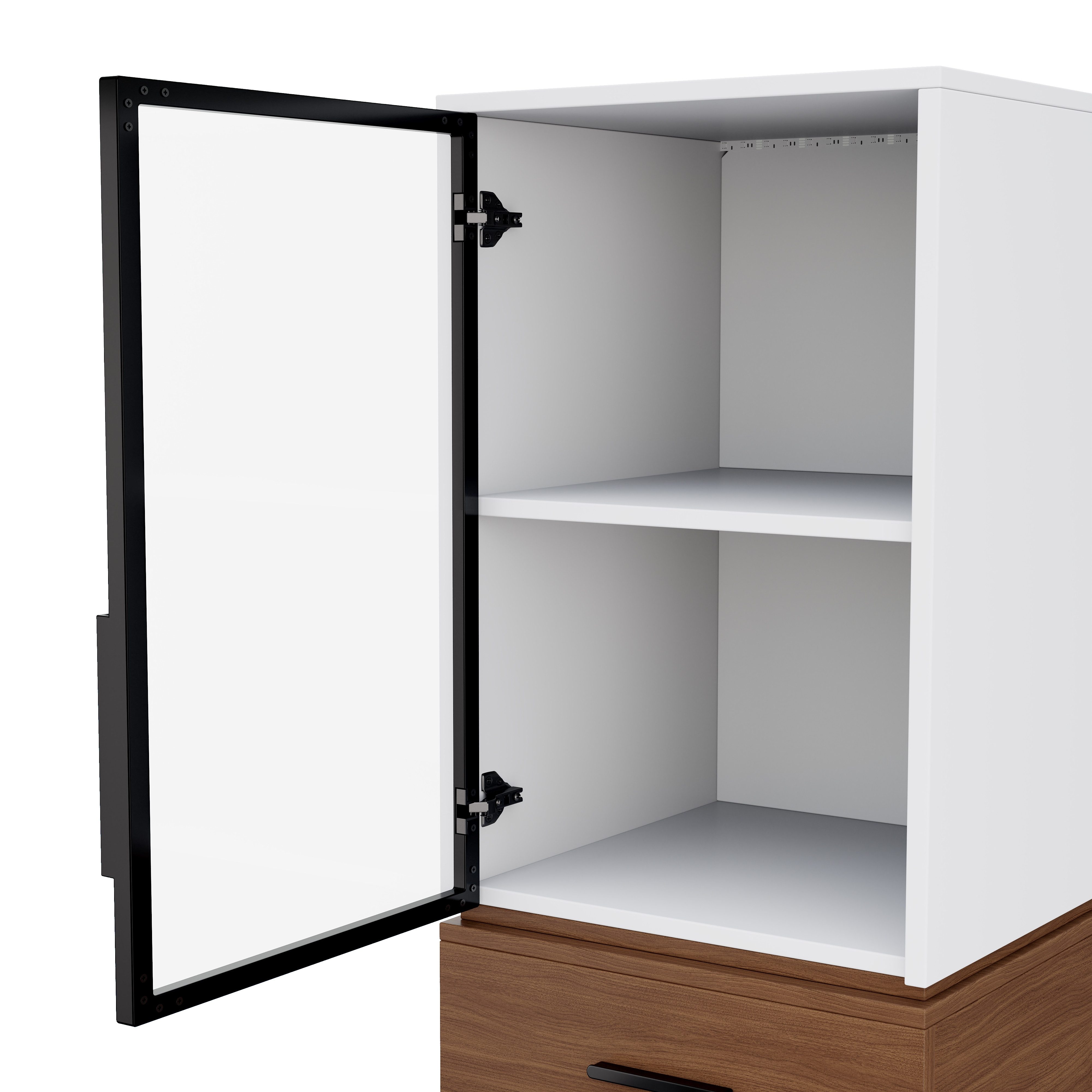Fine Life Pro Standvitrine Schlanke Glasvitrine 40×40×200 cm – Weiß + Walnussoptik mit LED